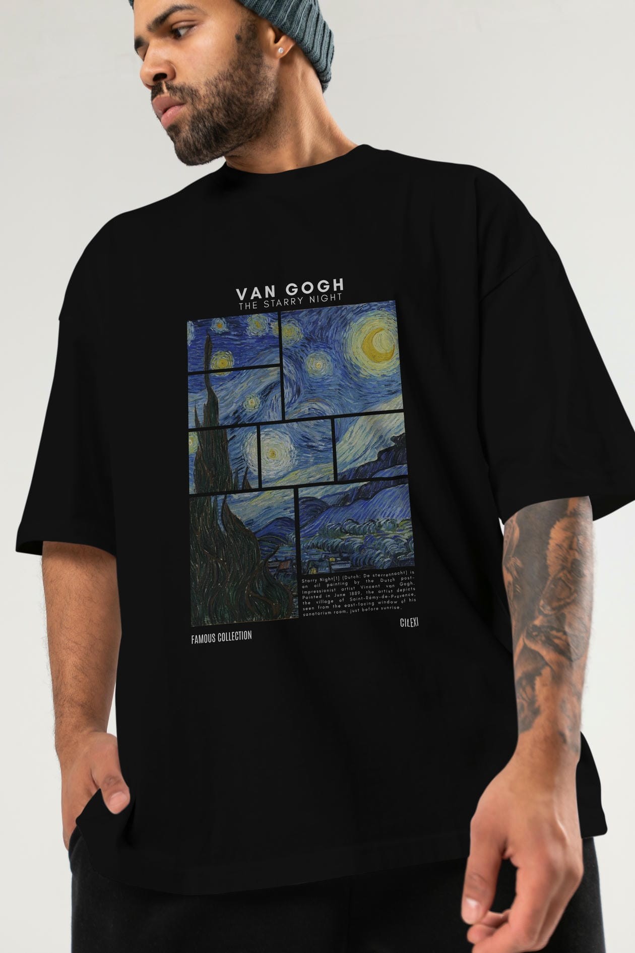 Van Gogh The Starry Night ön Baskılı Oversize t-shirt Erkek Kadın Bisiklet Yaka Pamuk tişort
