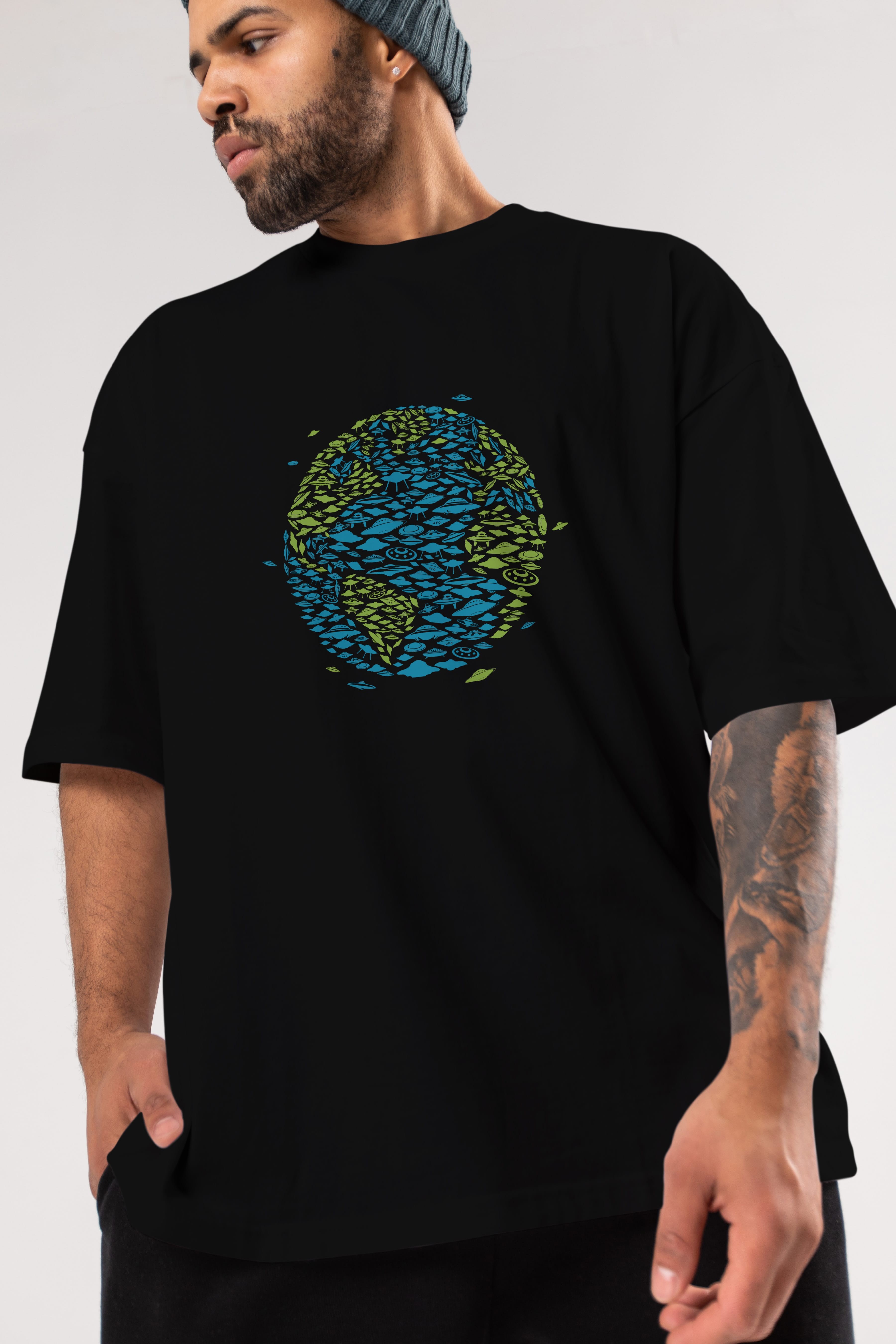 UFO Invasion Ön Baskılı Oversize t-shirt %100 pamuk Erkek Kadın Unisex