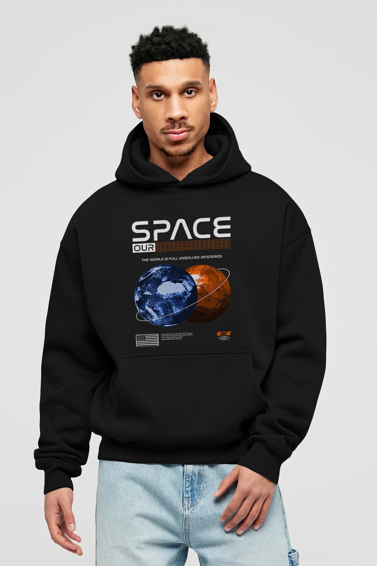 Space Our Ön Baskılı Hoodie Oversize Kapüşonlu Sweatshirt Erkek Kadın Unisex
