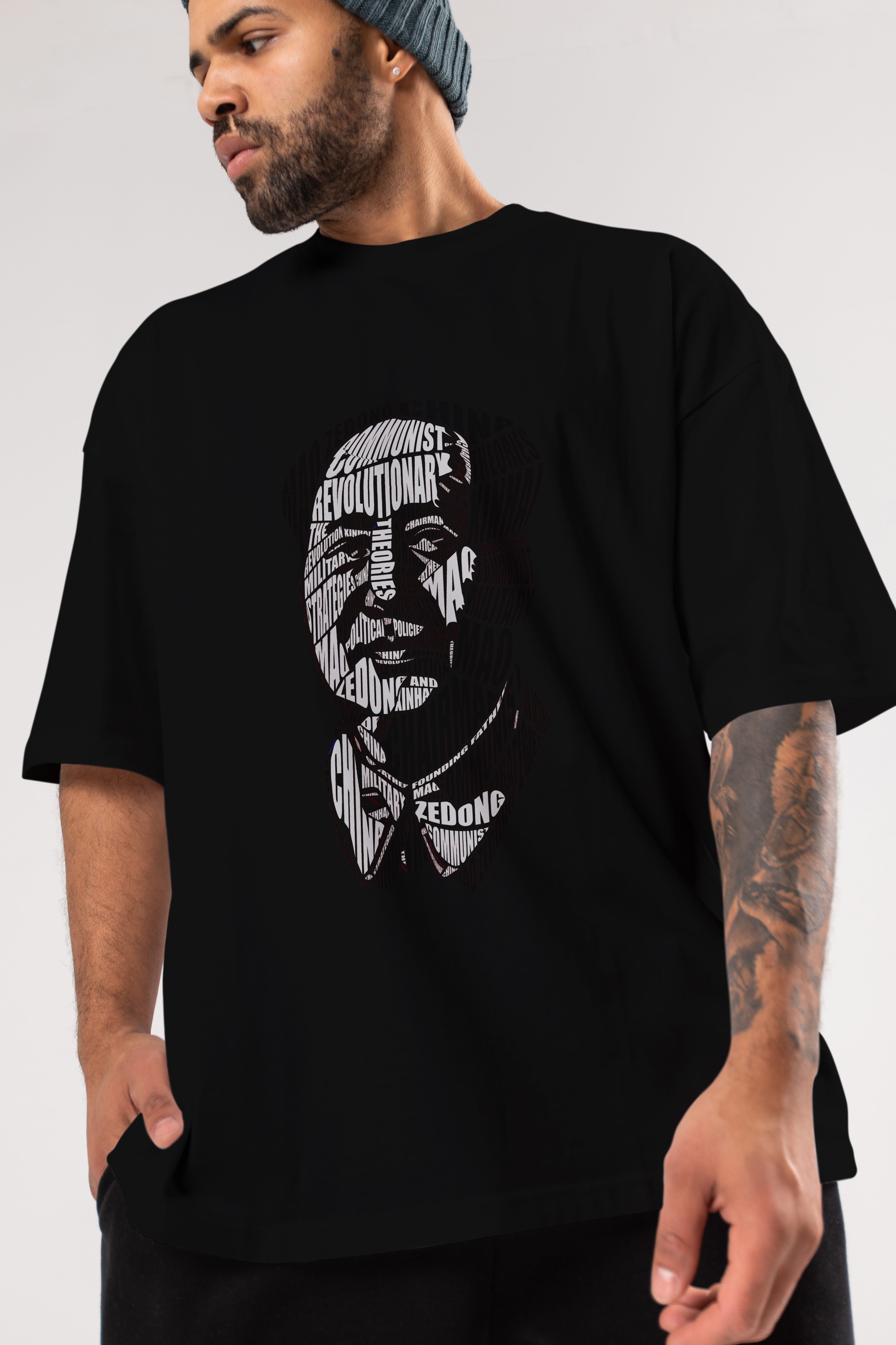 Mao Zedong Calligram Ön Baskılı Oversize t-shirt %100 pamuk Erkek Kadın Unisex