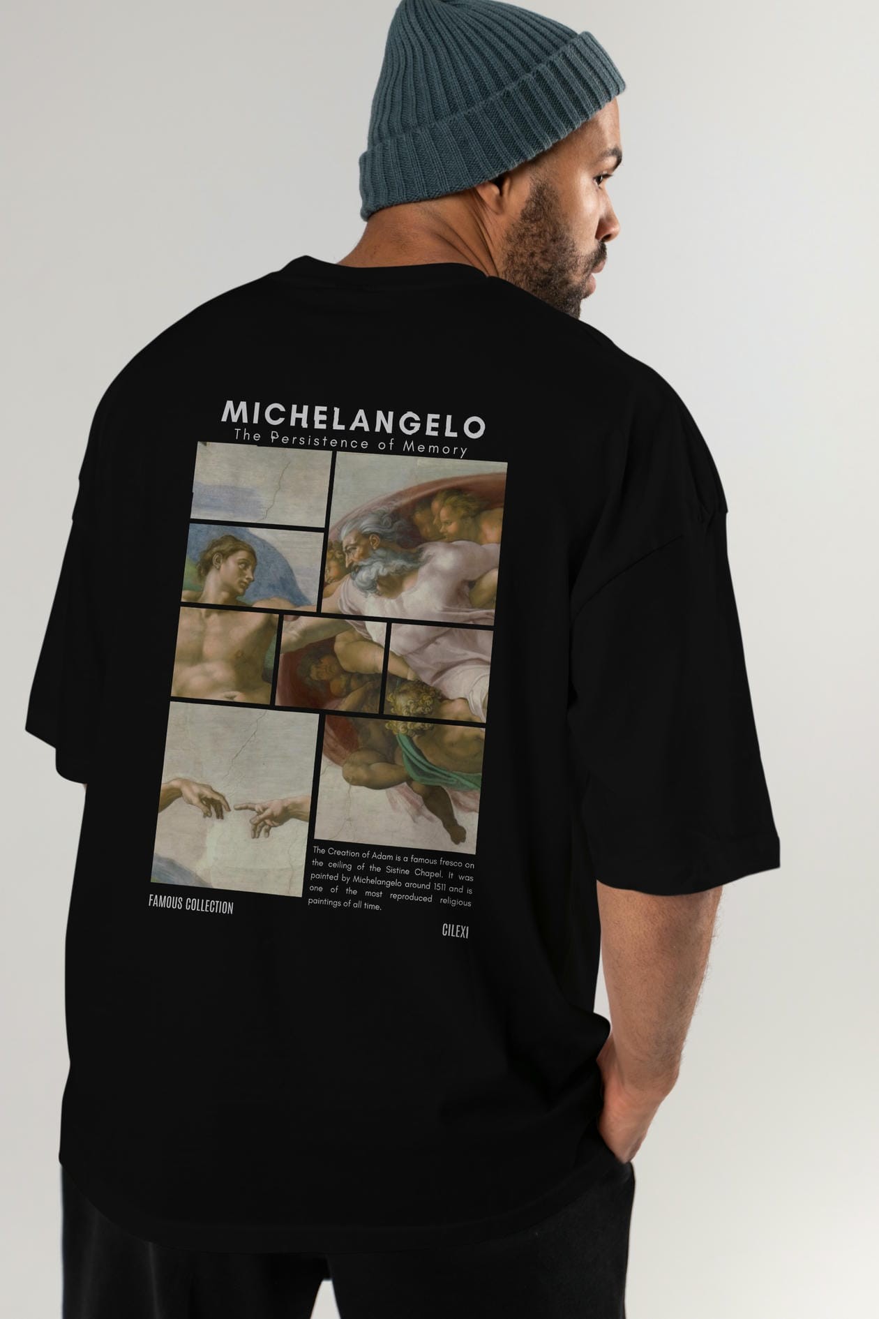Michelangelo Arka Baskılı Oversize t-shirt Erkek Kadın Bisiklet Yaka Pamuk tişort