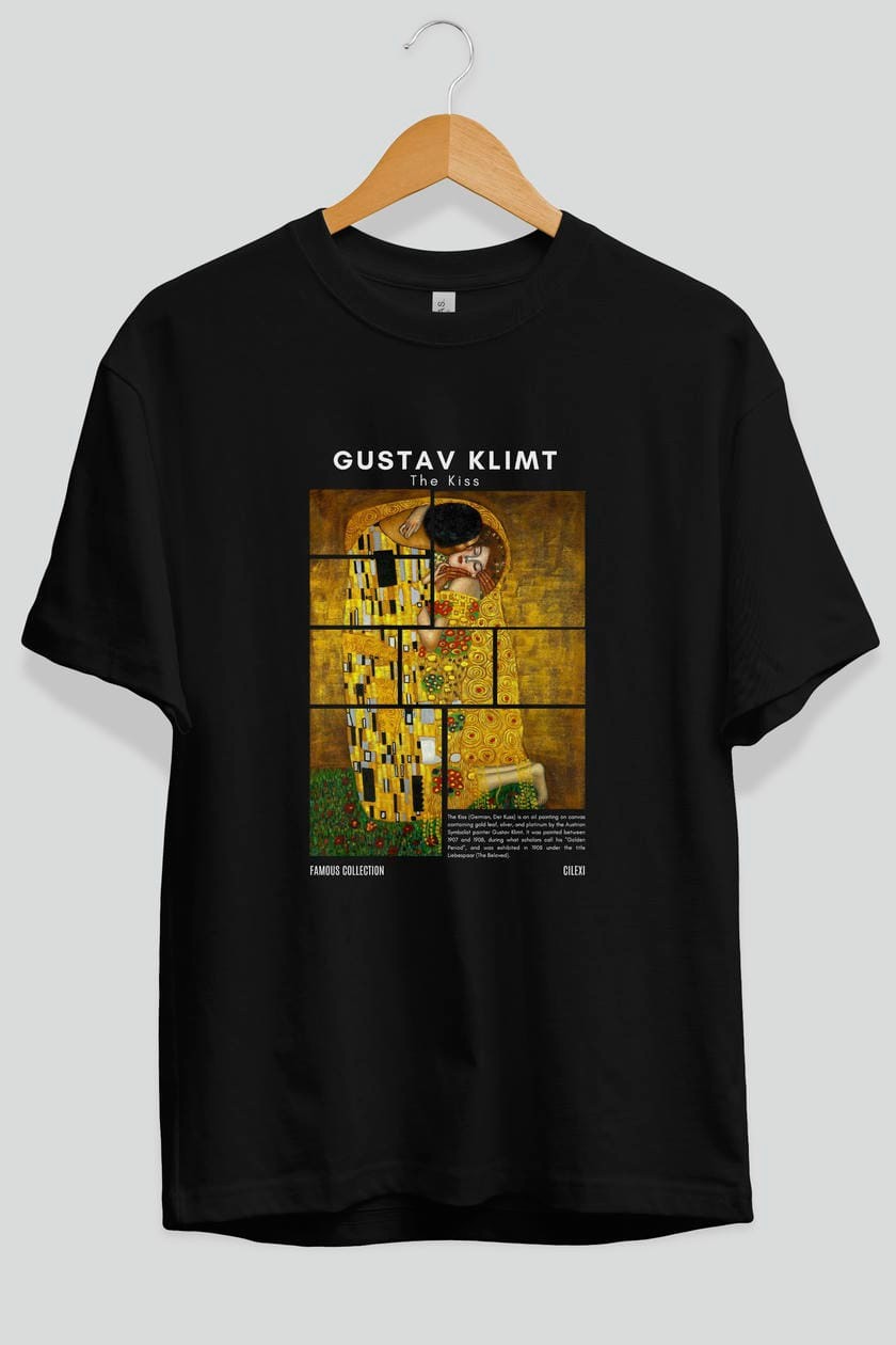 Gustav Klimt The Kiss ön Baskılı Oversize t-shirt Erkek Kadın Bisiklet Yaka Pamuk tişort