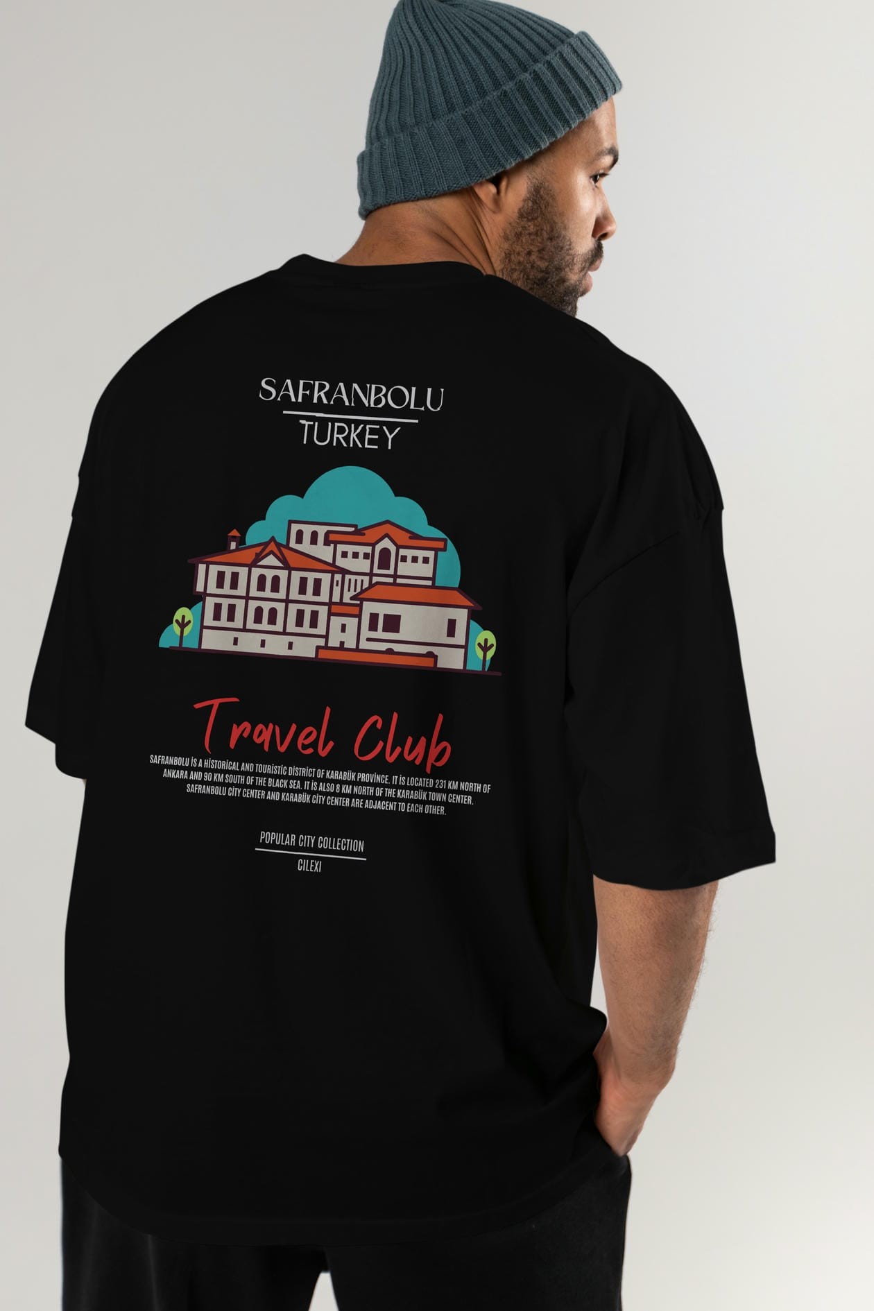 Safranbolu Turkey Arka Baskılı Oversize t-shirt Erkek Kadın Pamuk Bisiklet Yaka tişort