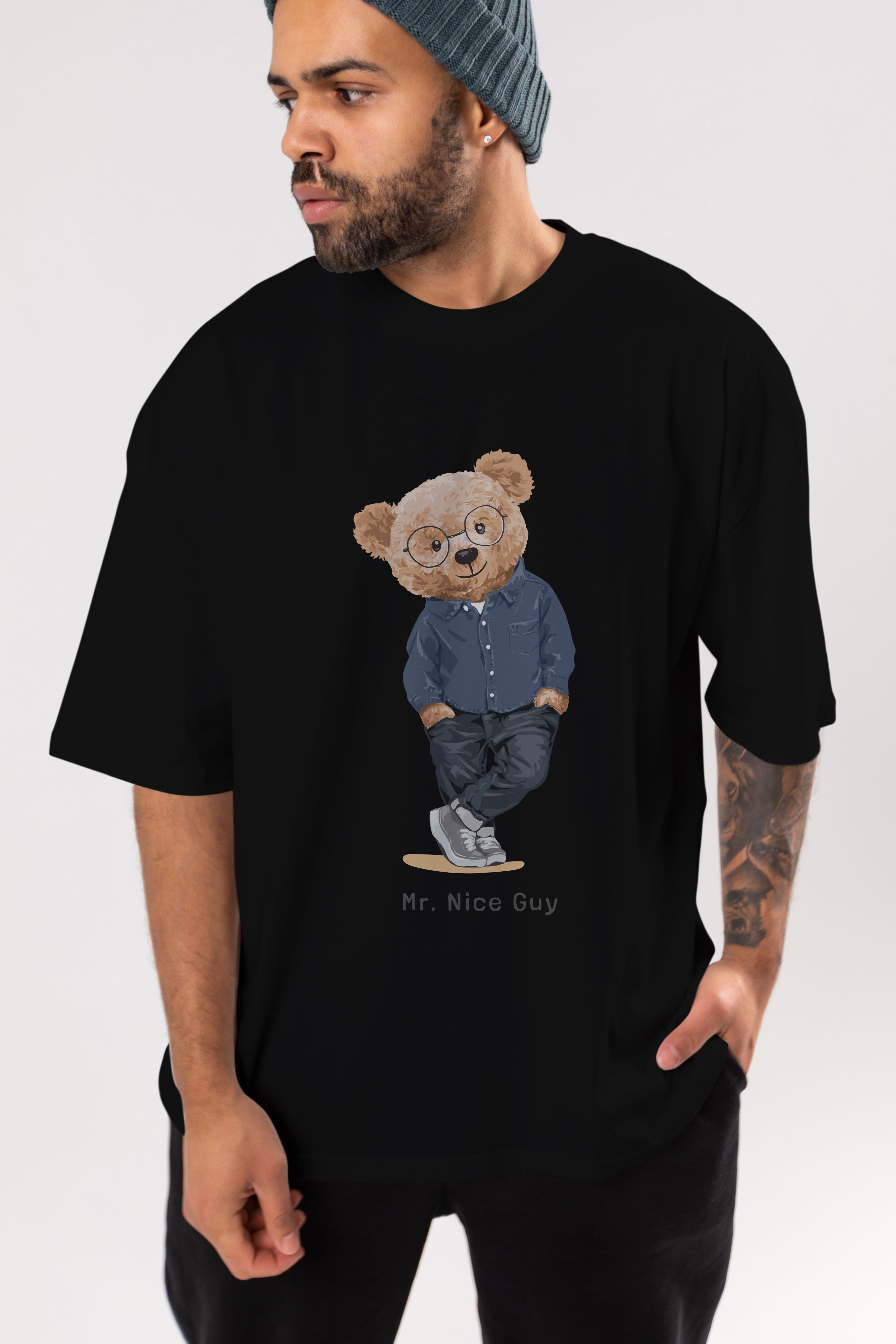 Teddy Bear Mr. Nice Guy Ön Baskılı Oversize t-shirt Erkek Kadın Unisex %100 Pamuk