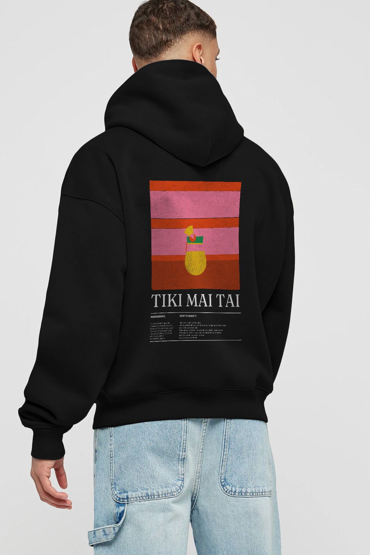 Tiki Mai Tai Kokteyl Arka Baskılı Hoodie Oversize Kapüşonlu Sweatshirt Erkek Kadın