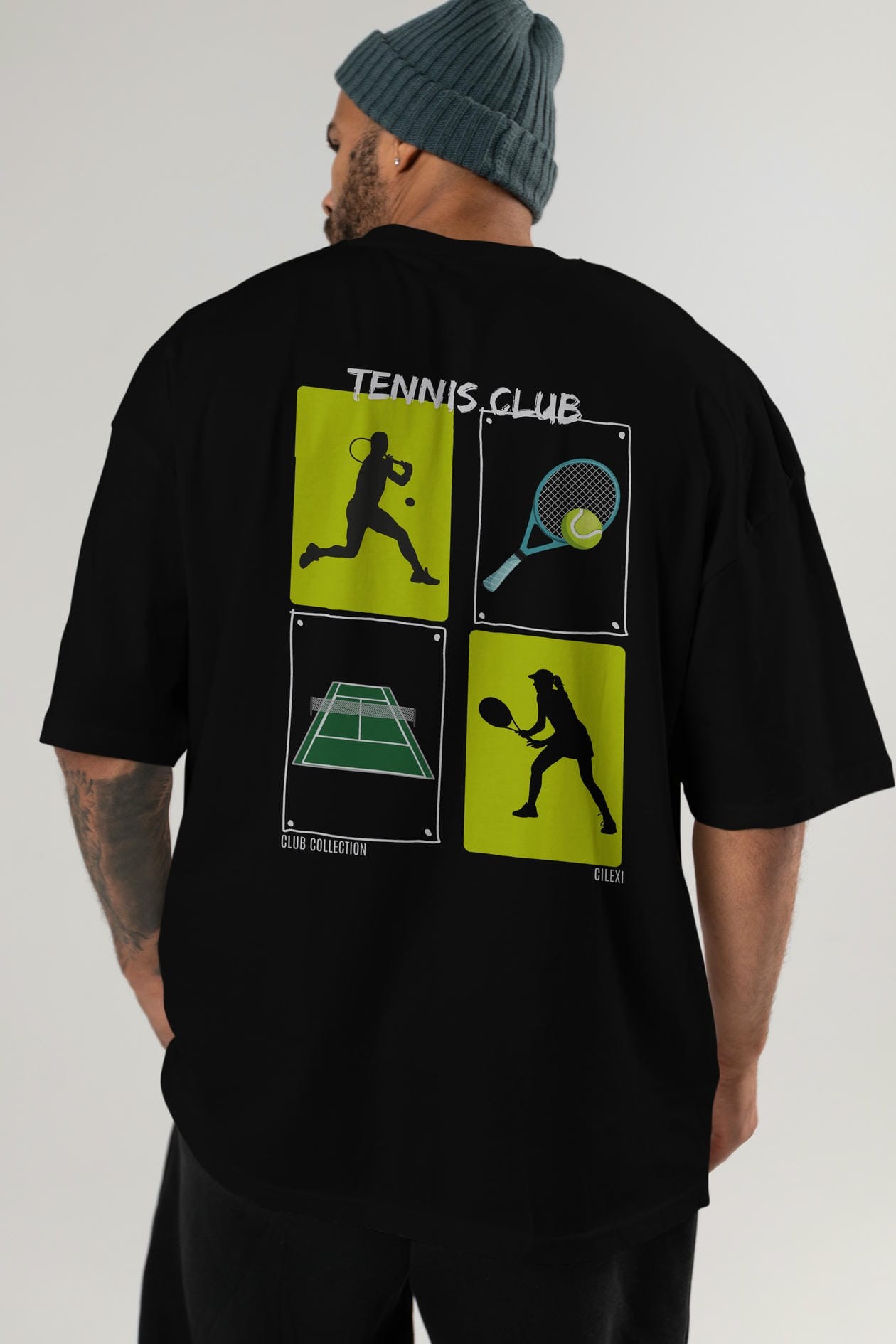Tennis Club Arka Baskılı Oversize t-shirt Erkek Kadın %100 Pamuk Bisiklet Yaka tişort