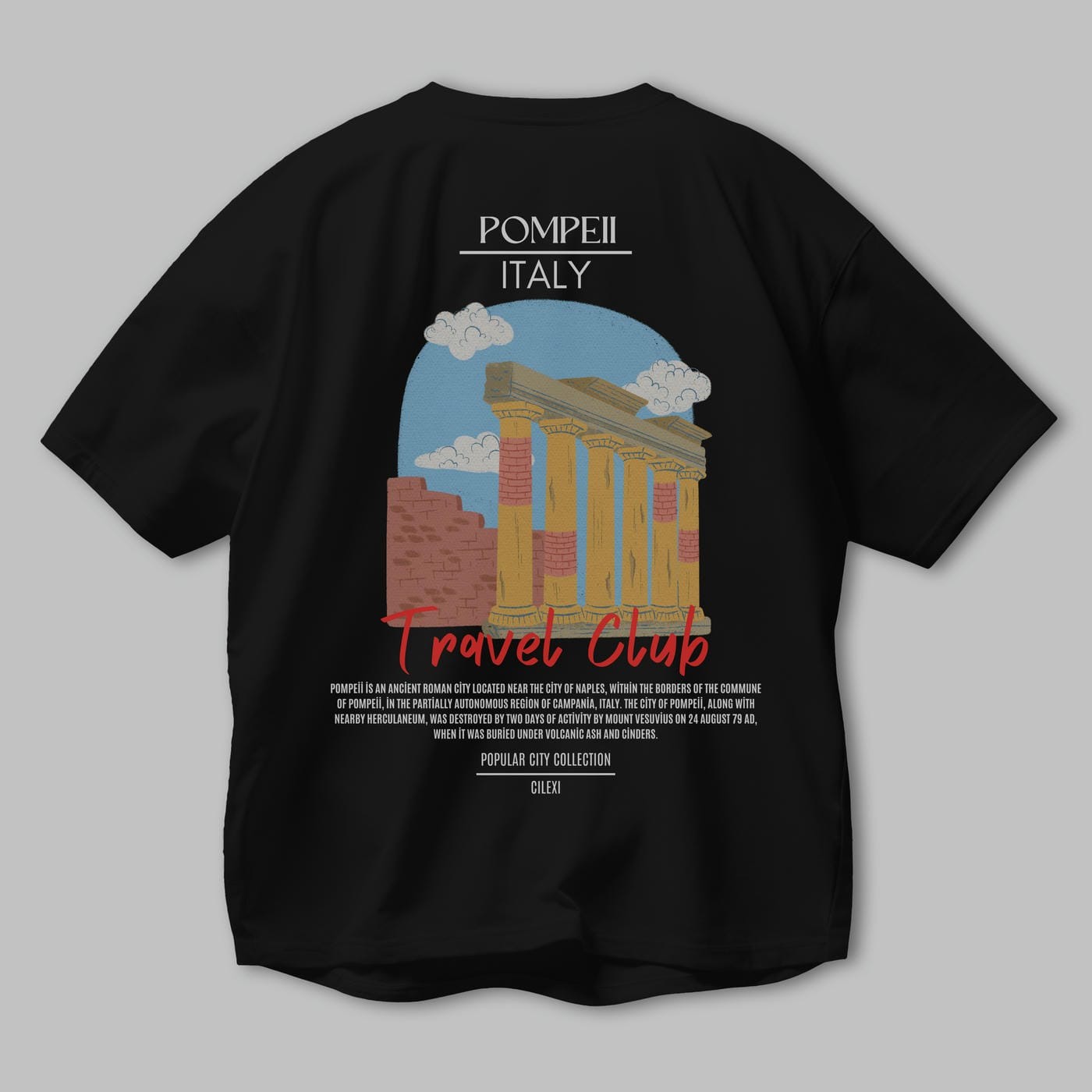 Pompeii İtaly Arka Baskılı Oversize t-shirt Erkek Kadın Pamuk Bisiklet Yaka tişort