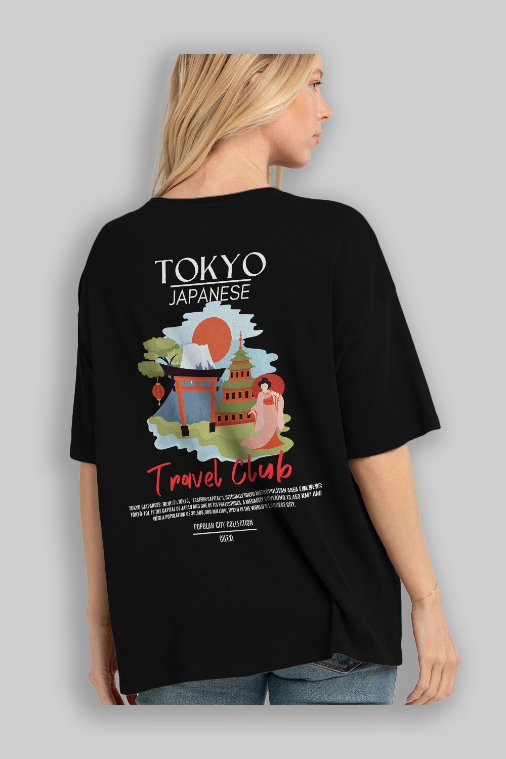 Tokyo Japanese Arka Baskılı Oversize t-shirt Erkek Kadın Pamuk Bisiklet Yaka tişort