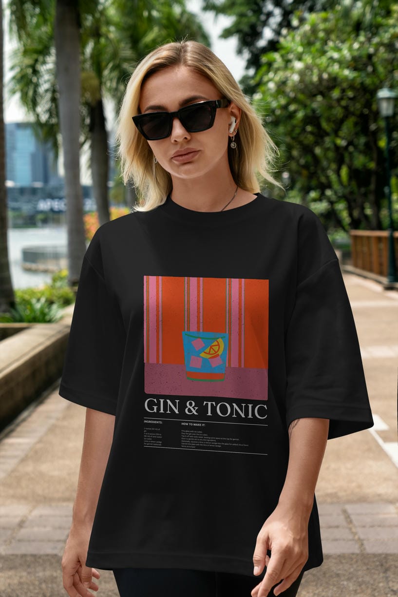 Gin tonic Kokteyl Ön Baskılı Oversize t-shirt Erkek Kadın %100 Pamuk Bisiklet Yaka tişort