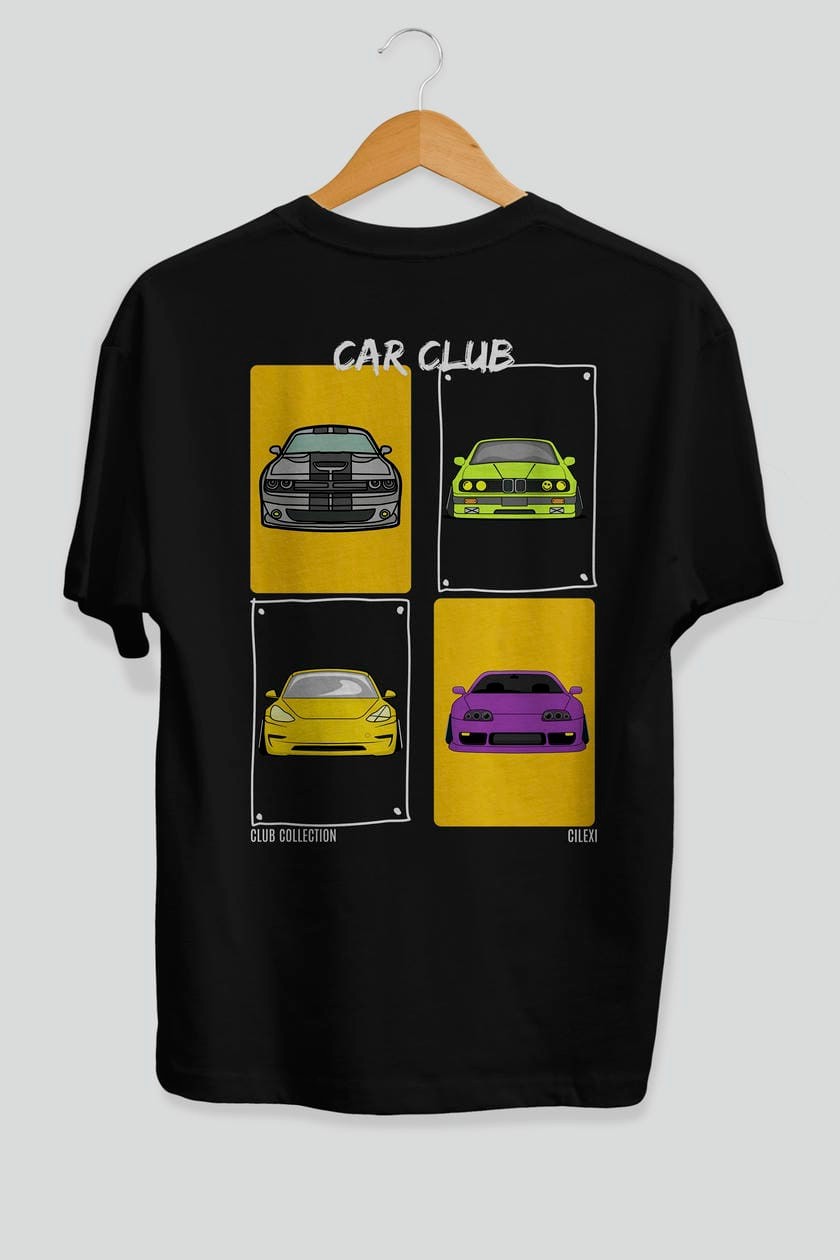 Car Club Arka Baskılı Oversize t-shirt Erkek Kadın %100 Pamuk Bisiklet Yaka tişort