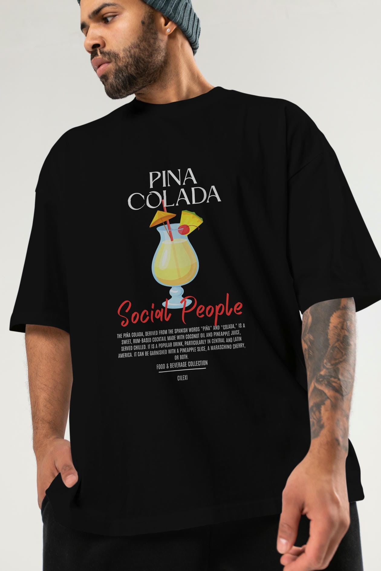 Pına Colada Kokteyl Serisi ön Baskılı Oversize t-shirt Erkek Kadın %100 Pamuk Bisiklet Yaka tişort