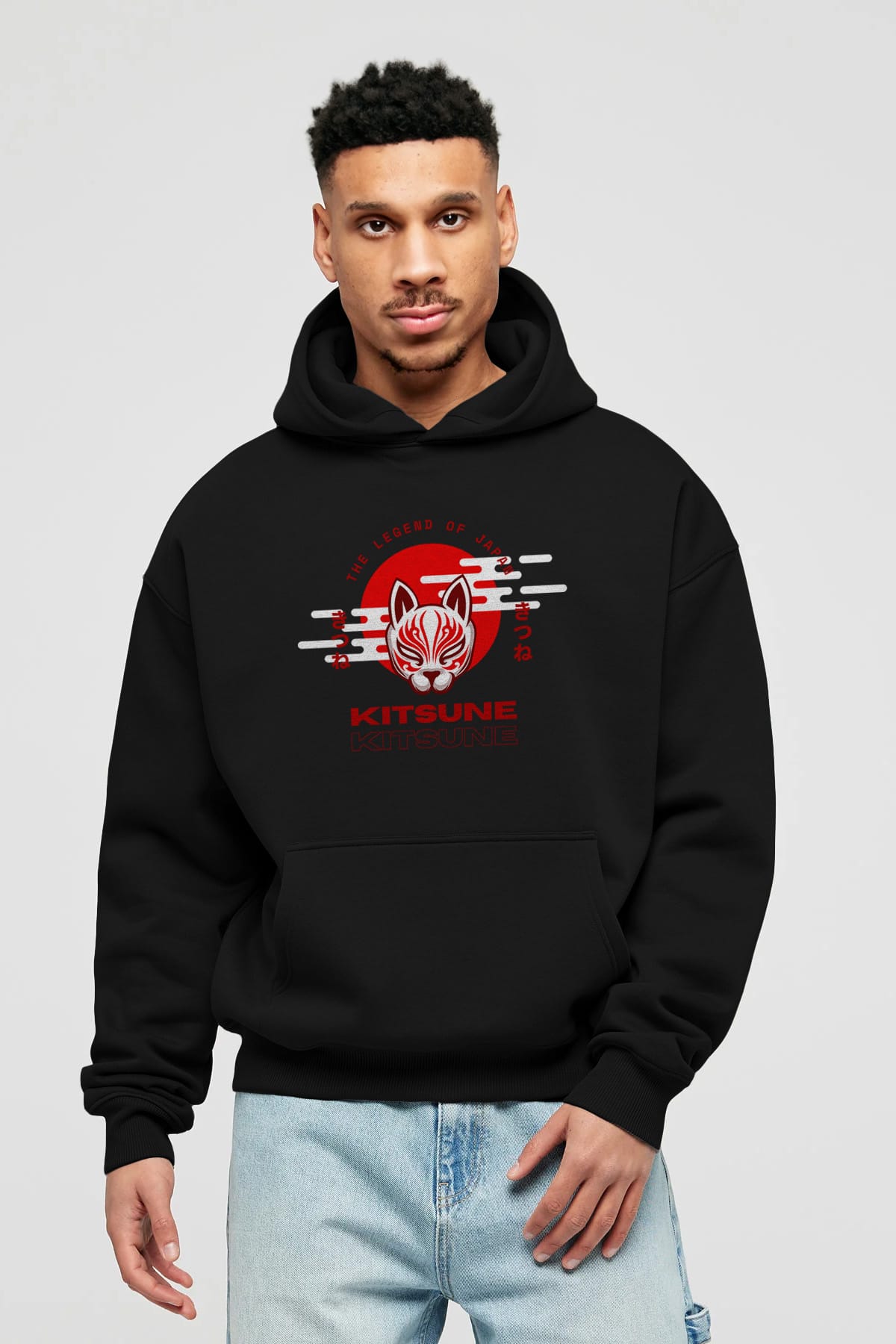Kitsune Mask Ön Baskılı Oversize Hoodie Kapüşonlu Sweatshirt Erkek Kadın Unisex