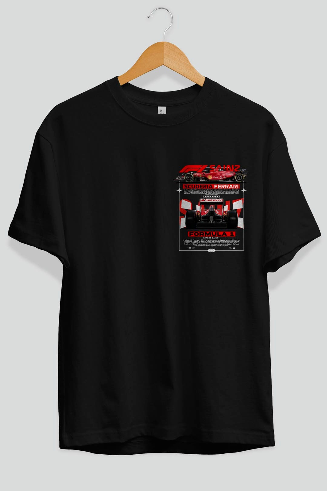 Ferrari Formula 1 SAINZ Ön Sol Baskılı Oversize t-shirt Erkek Kadın Unisex %100 Pamuk Bisiklet Yaka tişort