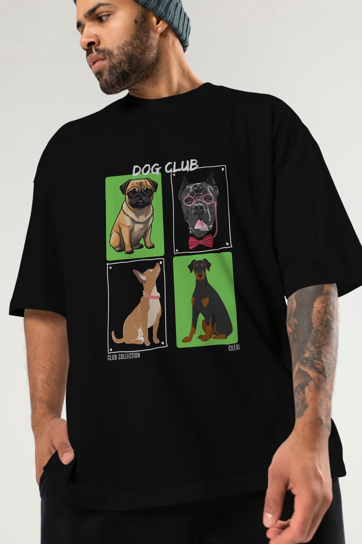 Dog Club ön Baskılı Oversize t-shirt Erkek Kadın %100 Pamuk Bisiklet Yaka tişort