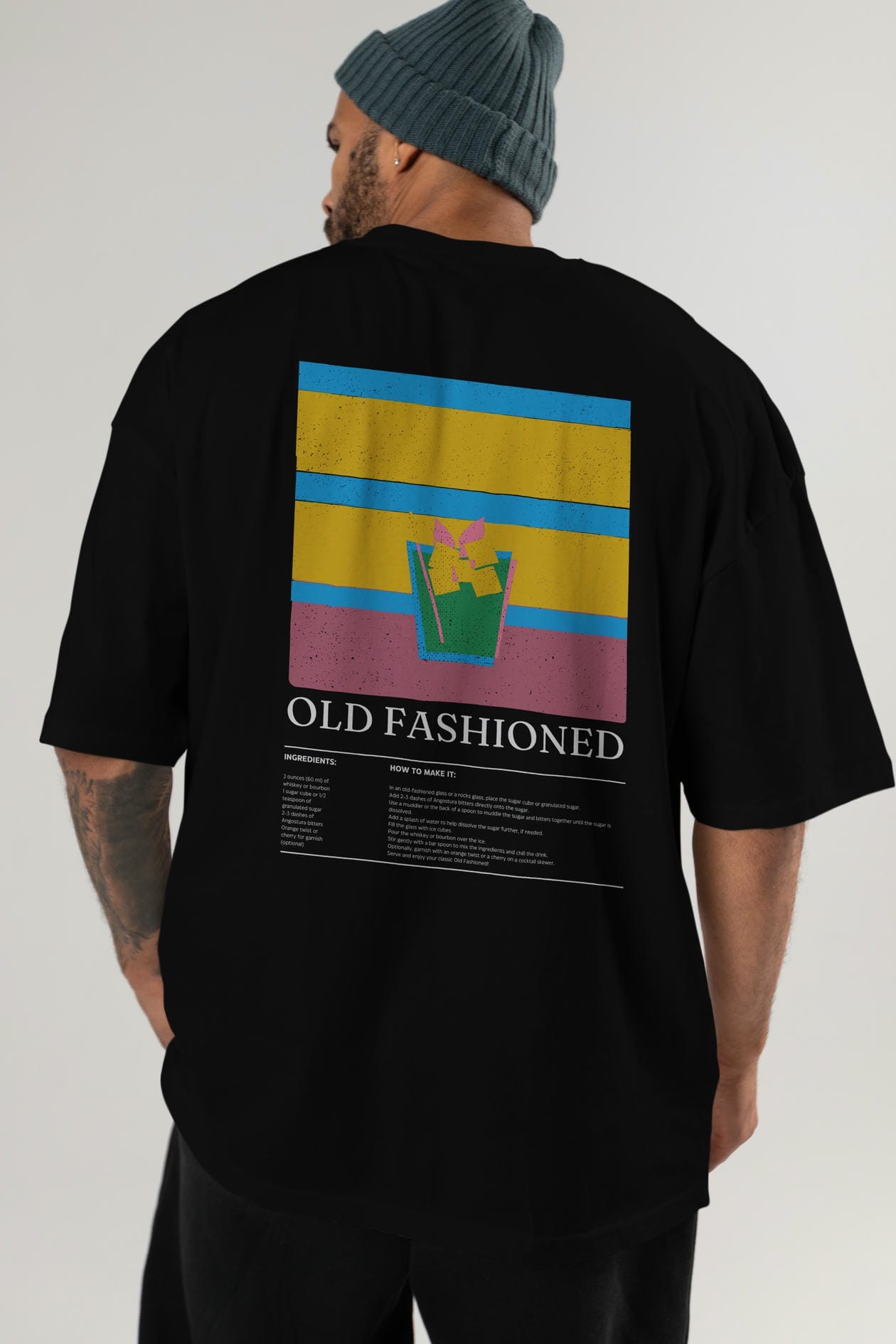 Old Fashioned Kokteyl Serisi Arka Baskılı Oversize t-shirt Erkek Kadın %100 Pamuk Bisiklet Yaka tişort