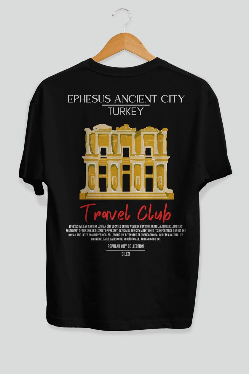 Ephesus Ancient City Turkey Arka Baskılı Oversize t-shirt Erkek Kadın Pamuk Bisiklet Yaka tişort