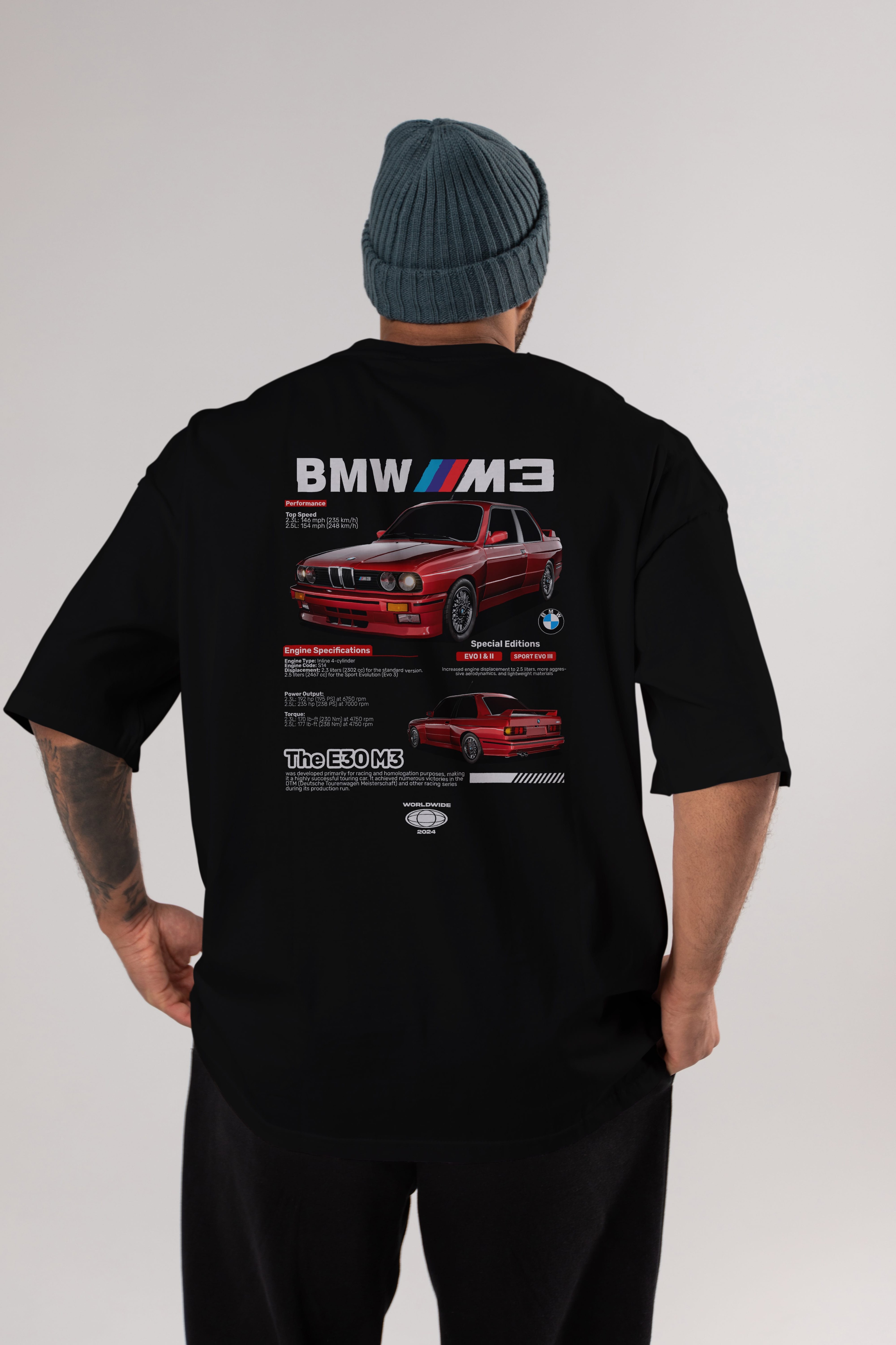 BMW E30 M3 Arka Baskılı Oversize t-shirt Erkek Kadın Unisex %100 Pamuk Bisiklet Yaka tişort