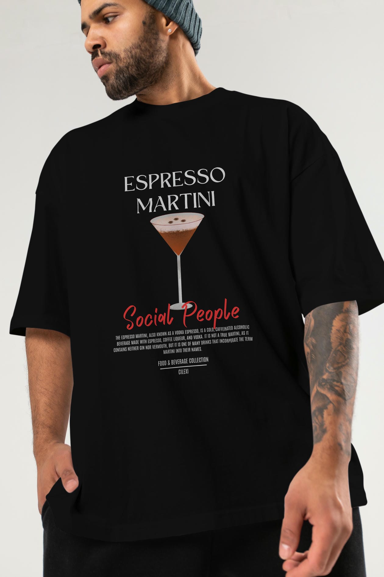 Espresso Martını Kokteyl Serisi ön Baskılı Oversize t-shirt Erkek Kadın %100 Pamuk Bisiklet Yaka tişort