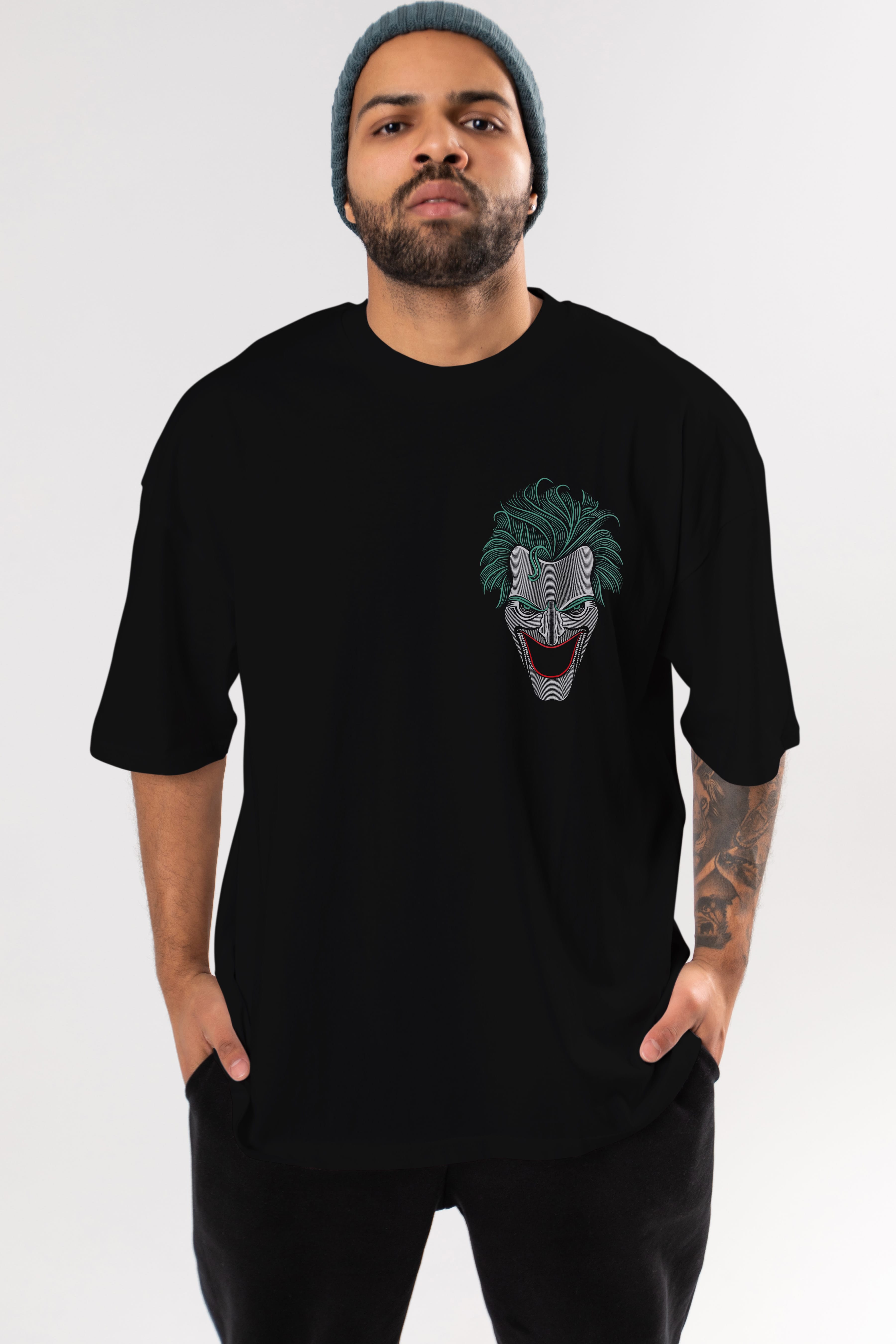 Joker (1) Ön Sol Baskılı Oversize t-shirt Erkek Kadın Unisex %100 Pamuk Bisiklet Yaka tişort