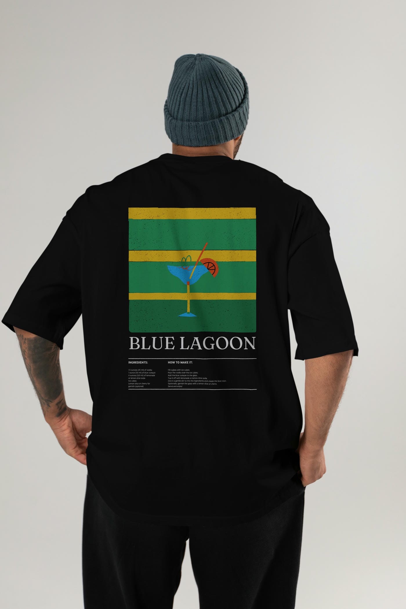 Blue Lagoon Kokteyl Serisi Arka Baskılı Oversize t-shirt Erkek Kadın %100 Pamuk Bisiklet Yaka tişort