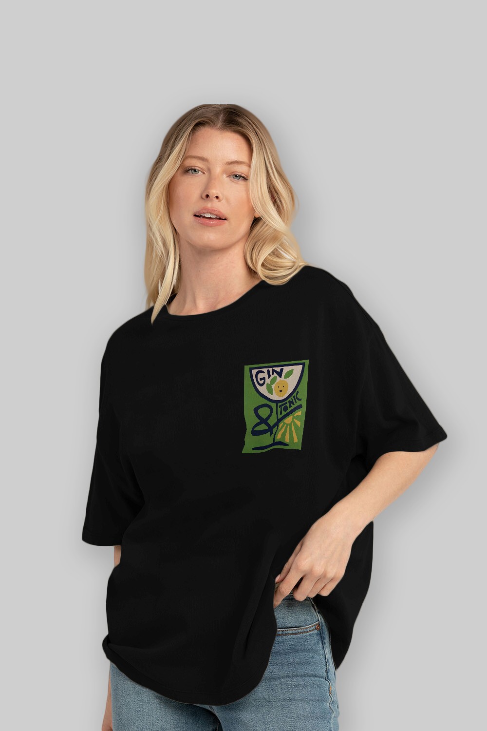 Gin Tonic 3 Ön Sol Baskılı Oversize t-shirt Erkek Kadın Unisex %100 Pamuk Bisiklet Yaka tişort