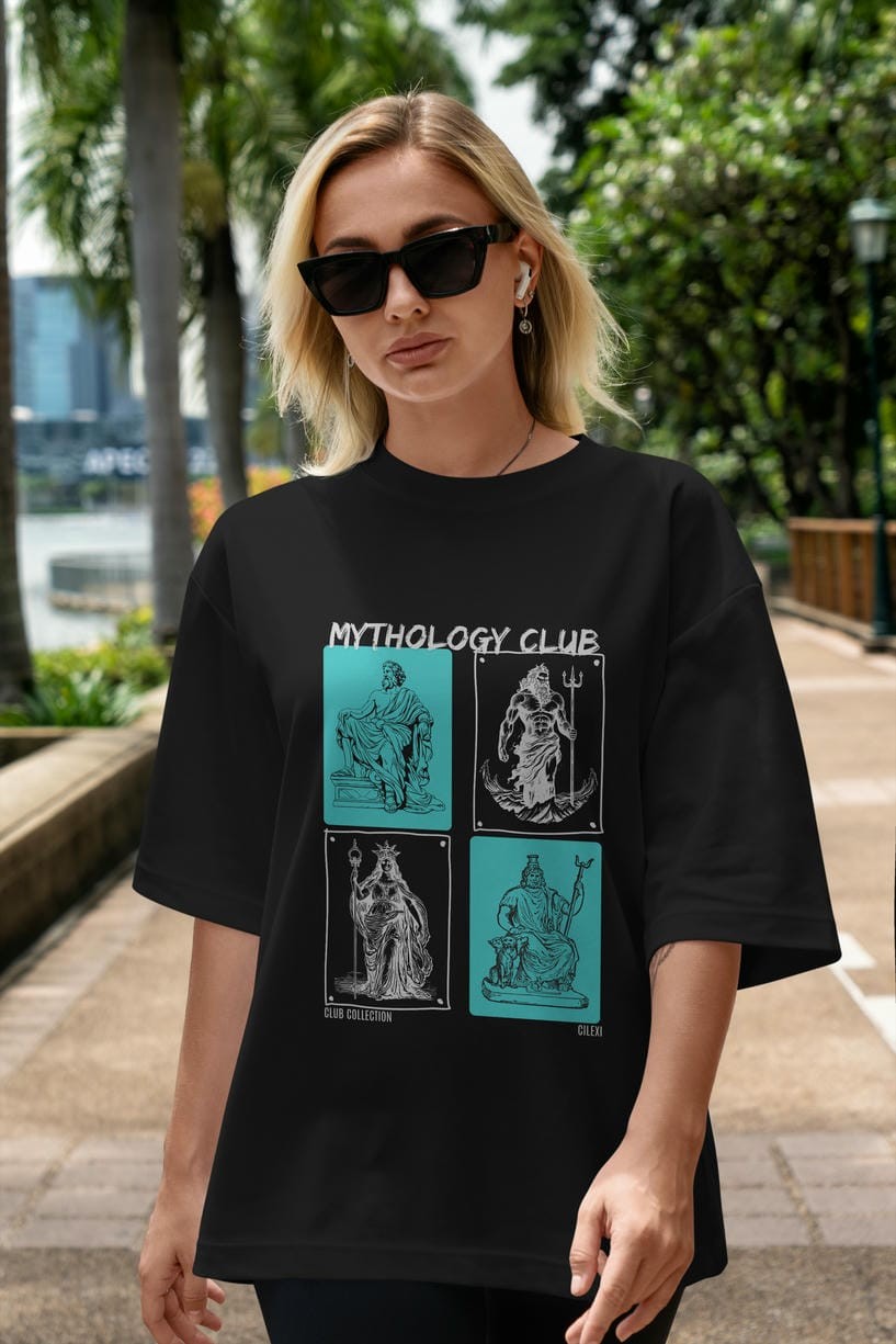 Mythology Club ön Baskılı Oversize t-shirt Erkek Kadın %100 Pamuk Bisiklet Yaka tişort