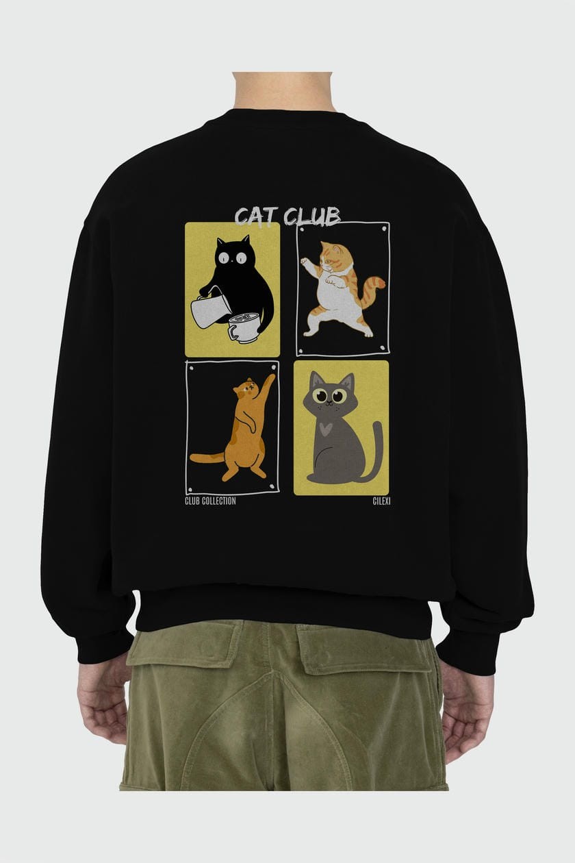 Cat Club Arka Baskılı Oversize Sweatshirt Erkek Kadın Unisex