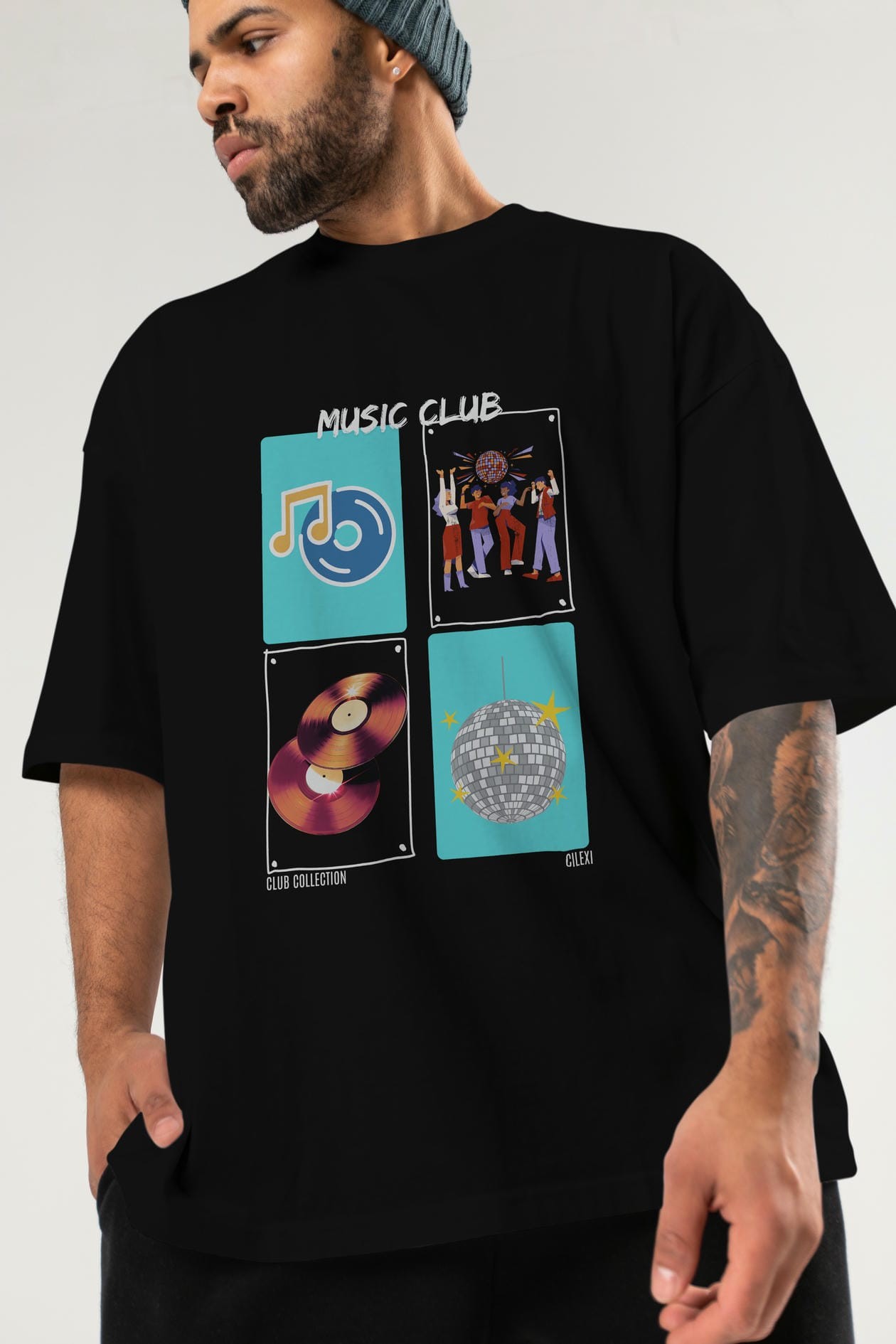 Music Club ön Baskılı Oversize t-shirt Erkek Kadın %100 Pamuk Bisiklet Yaka tişort