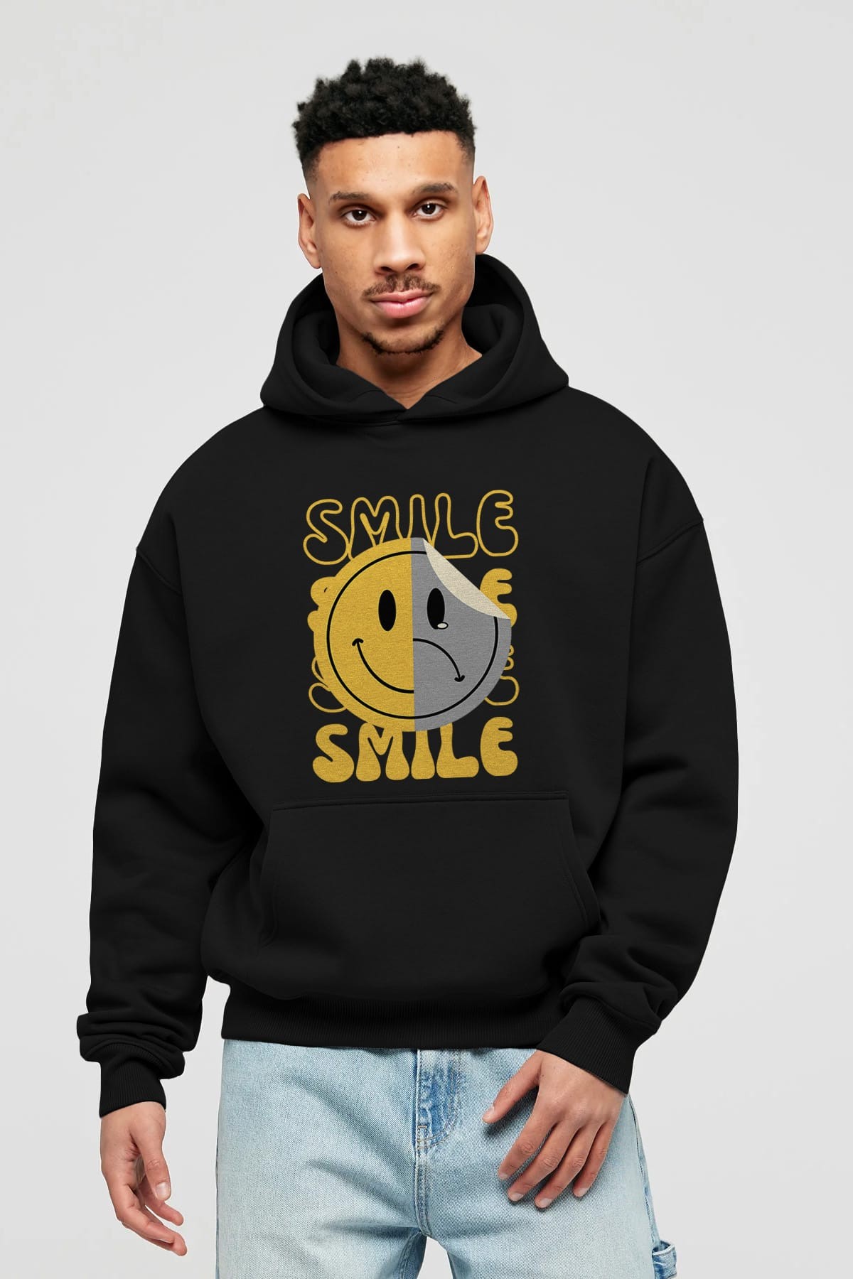 Smile Yazılı Ön Baskılı Oversize Hoodie Kapüşonlu Sweatshirt Erkek Kadın Unisex