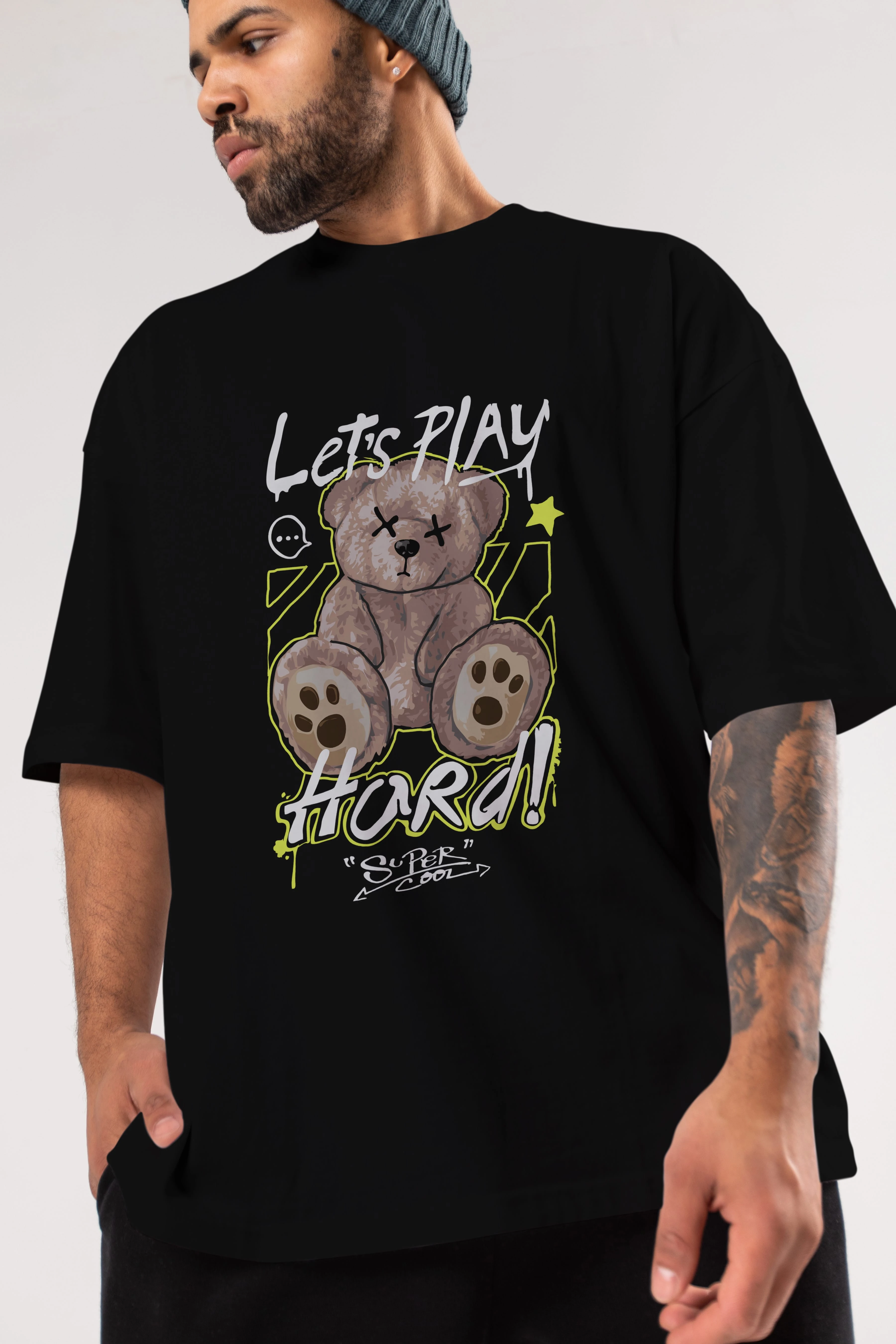 Lets Play Hard Bear Ön Baskılı Oversize t-shirt Erkek Kadın Unisex