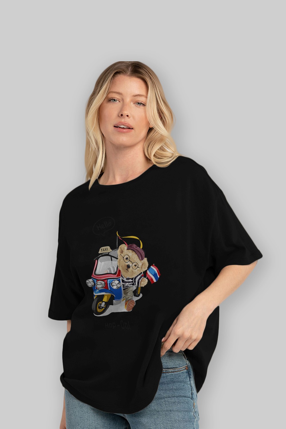 Teddy Bear Hop-On Ön Baskılı Oversize t-shirt Erkek Kadın Unisex %100 Pamuk