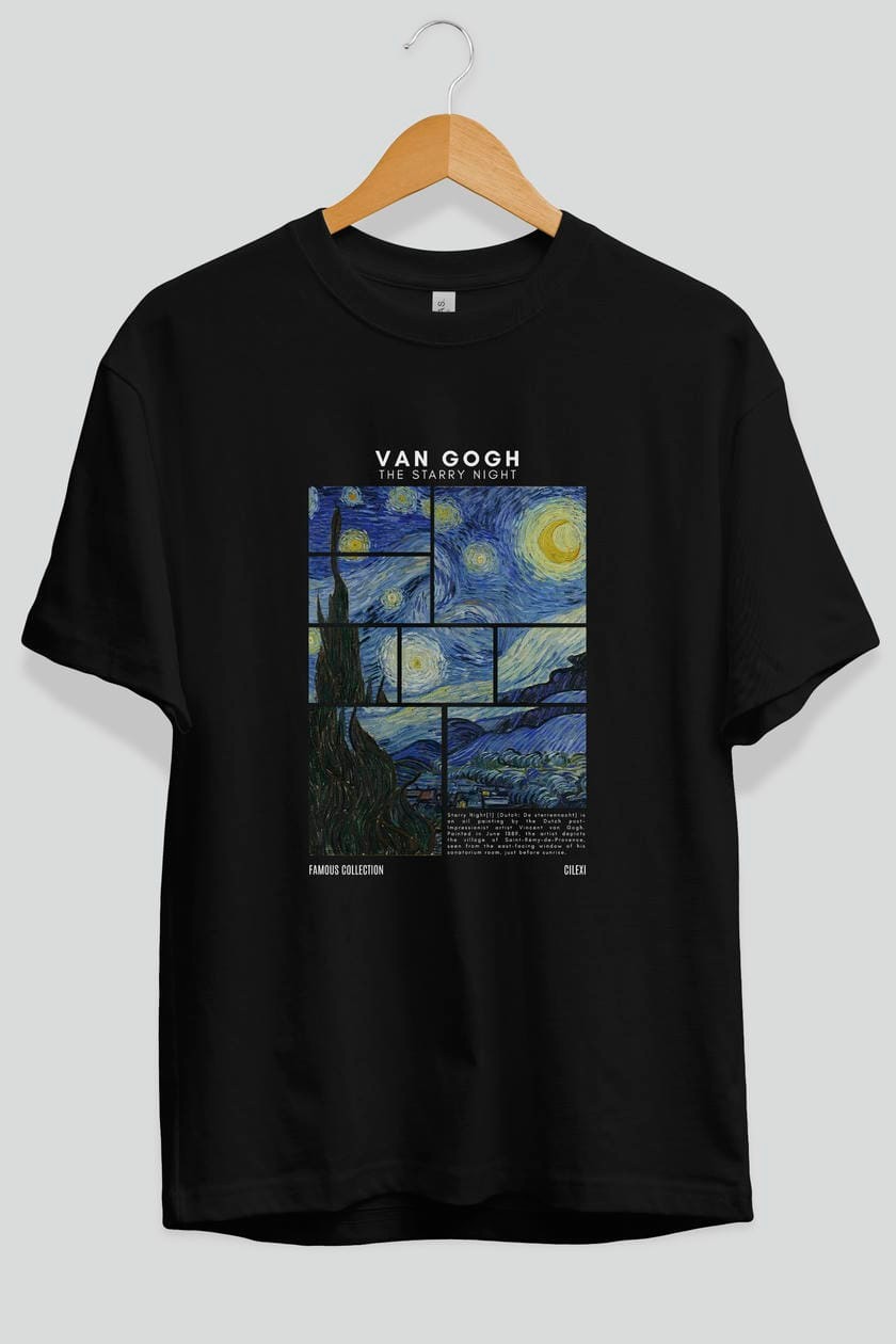 Van Gogh The Starry Night ön Baskılı Oversize t-shirt Erkek Kadın Bisiklet Yaka Pamuk tişort