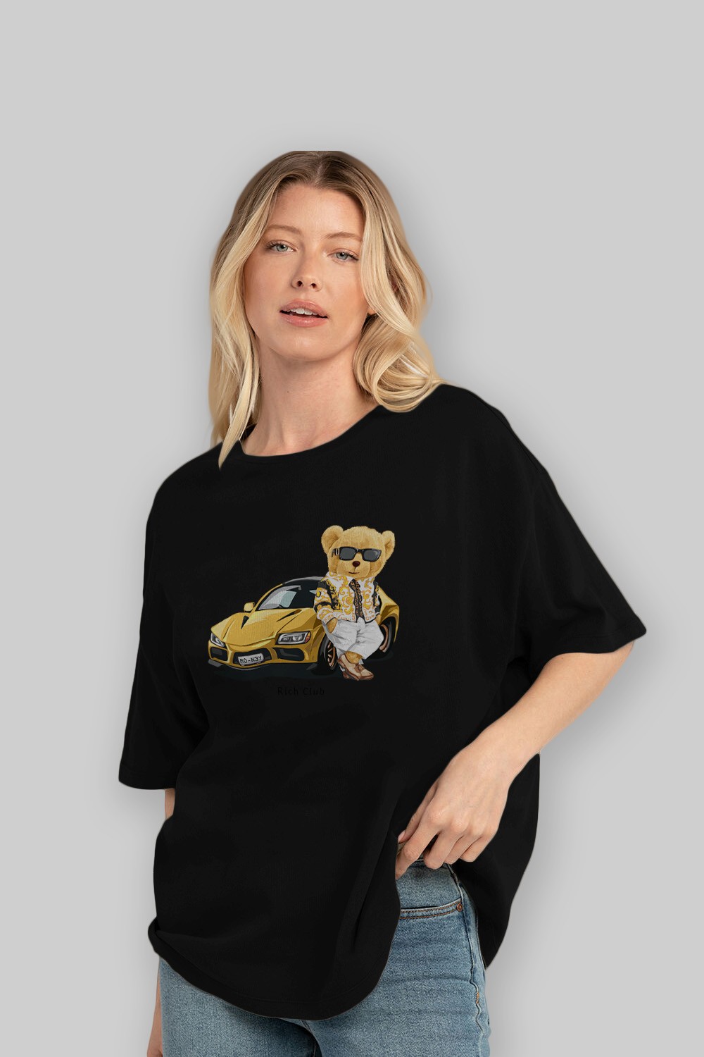 Teddy Bear Rich Club Ön Baskılı Oversize t-shirt Erkek Kadın Unisex %100 Pamuk