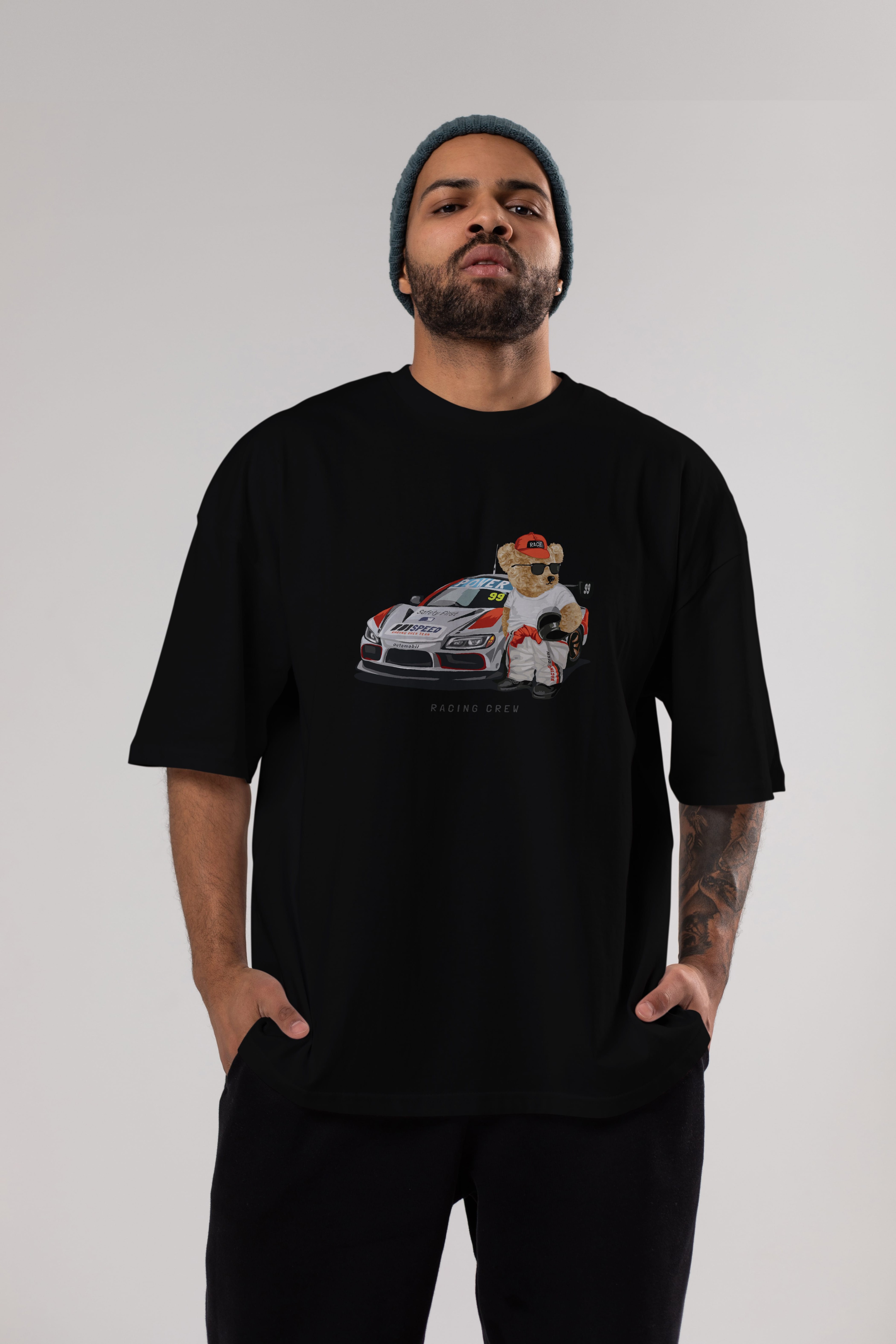 Teddy Bear Racing Crew Ön Baskılı Oversize t-shirt Erkek Kadın Unisex %100 Pamuk