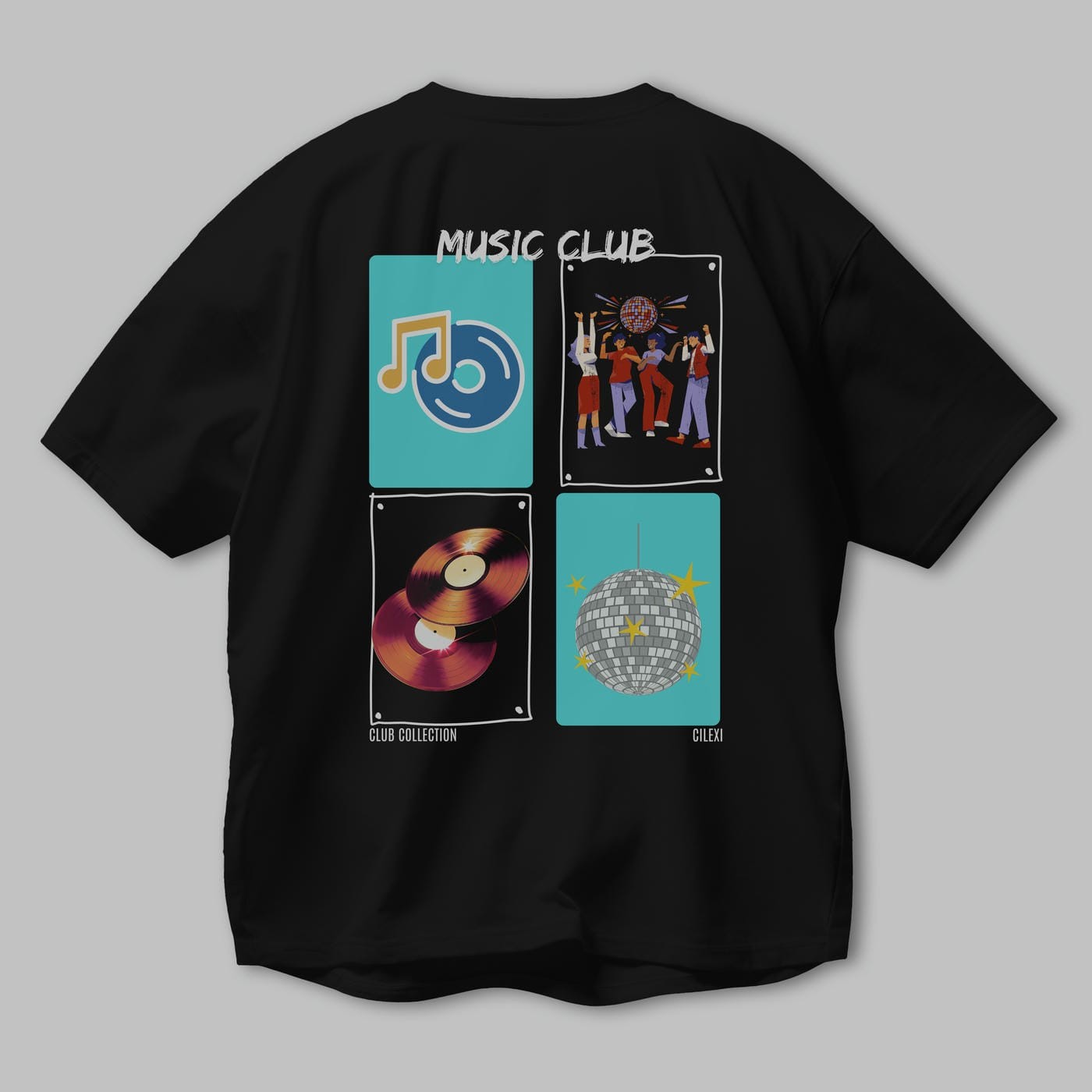 Music Club Arka Baskılı Oversize t-shirt Erkek Kadın %100 Pamuk Bisiklet Yaka tişort