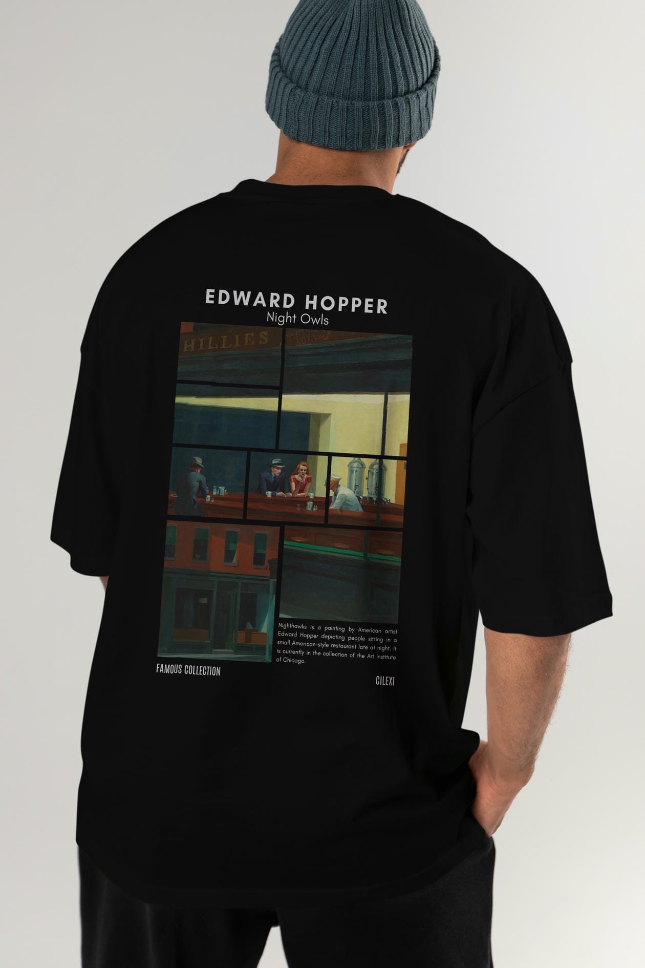 Edward Hopper Night Owls Arka Baskılı Oversize t-shirt Erkek Kadın Bisiklet Yaka Pamuk tişort
