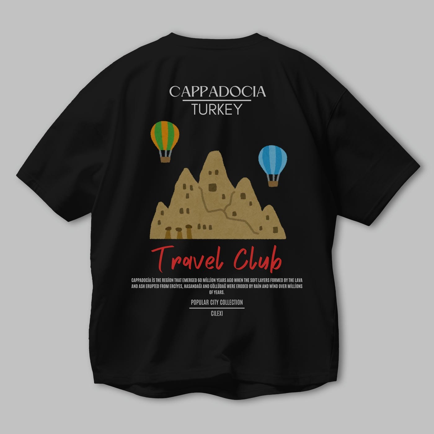 Cappadocia Turkey Arka Baskılı Oversize t-shirt Erkek Kadın Pamuk Bisiklet Yaka tişort