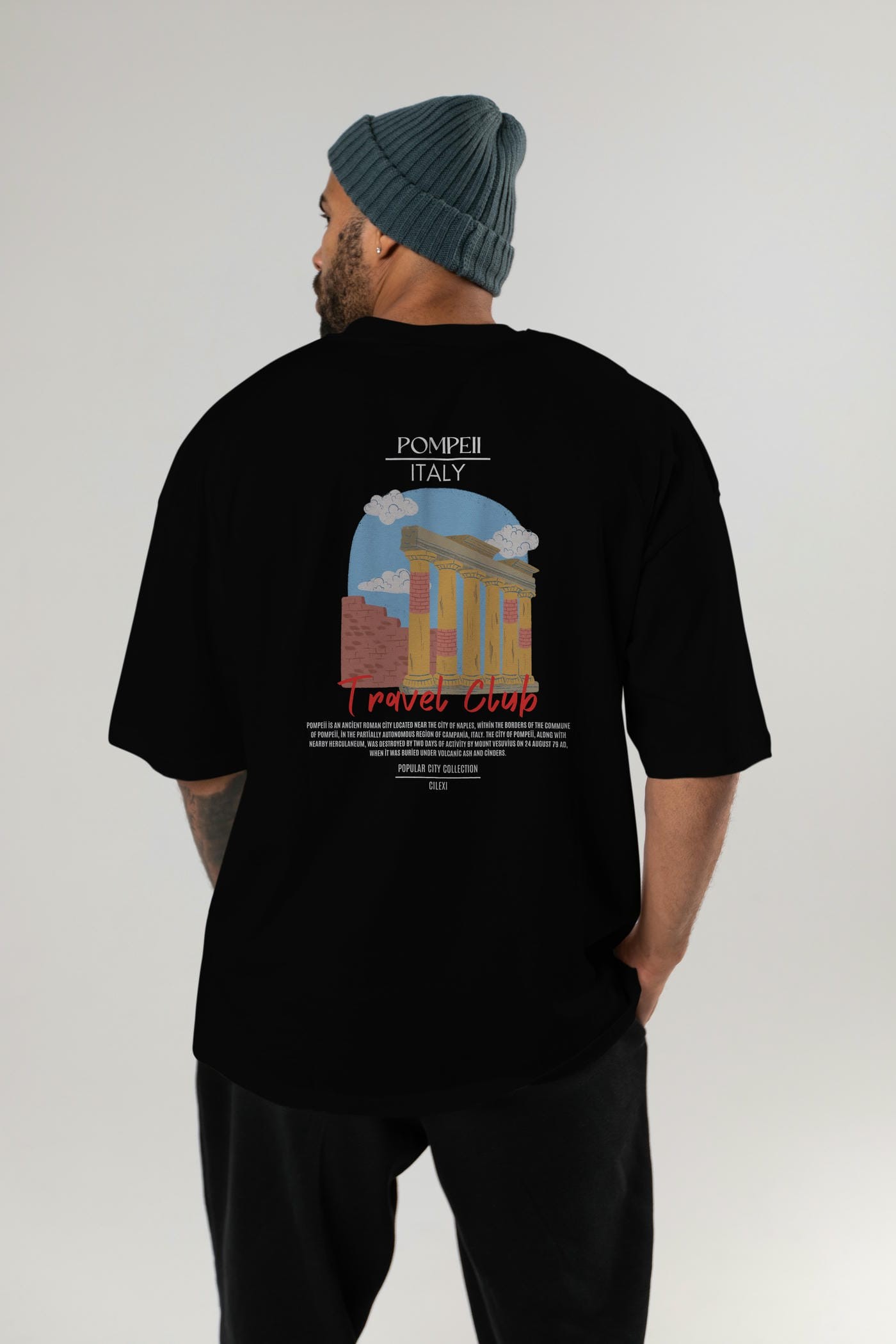 Pompeii İtaly Arka Baskılı Oversize t-shirt Erkek Kadın Pamuk Bisiklet Yaka tişort