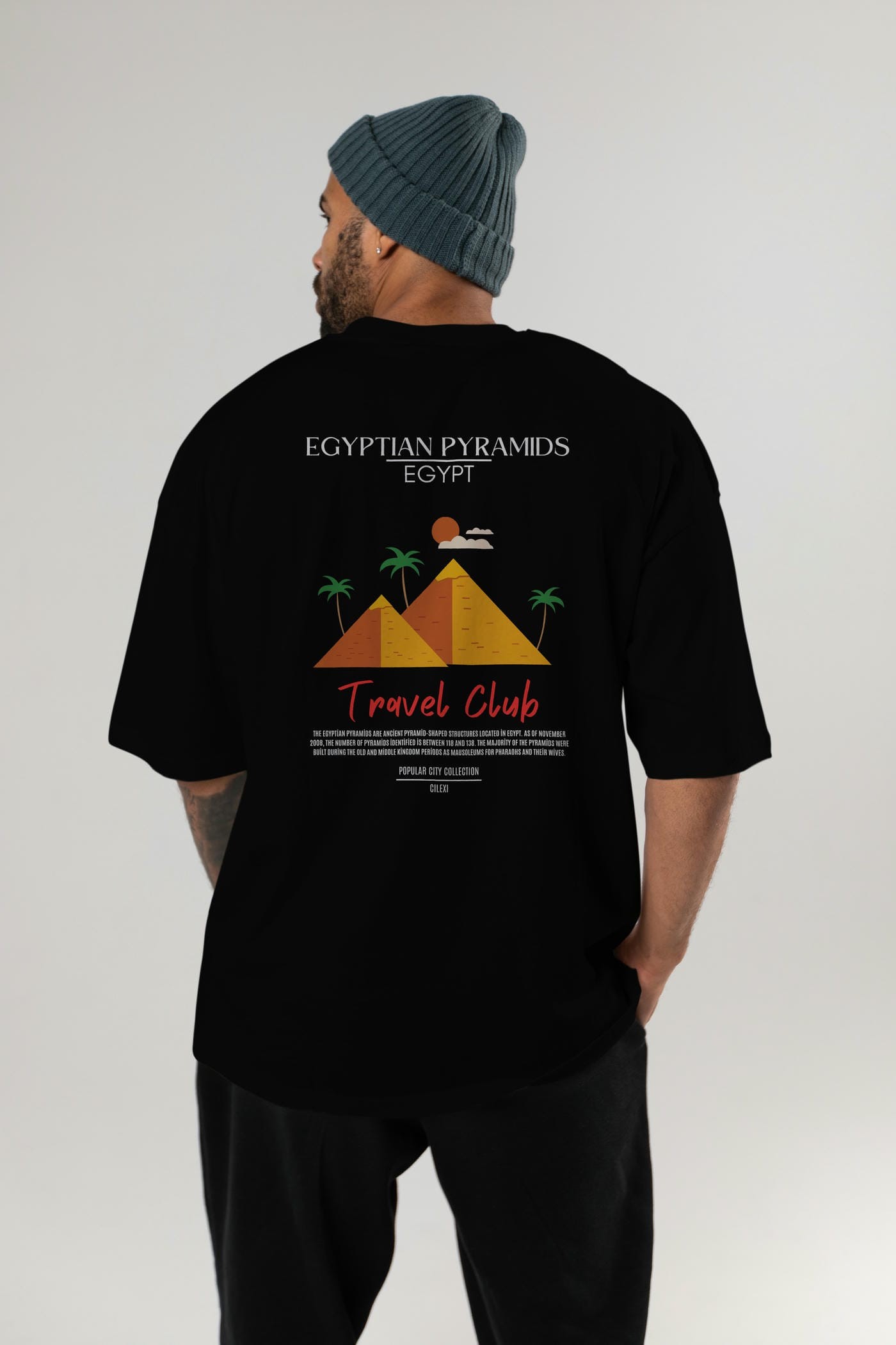 Egyptian Pyramids Egypt Arka Baskılı Oversize t-shirt Erkek Kadın Pamuk Bisiklet Yaka tişort
