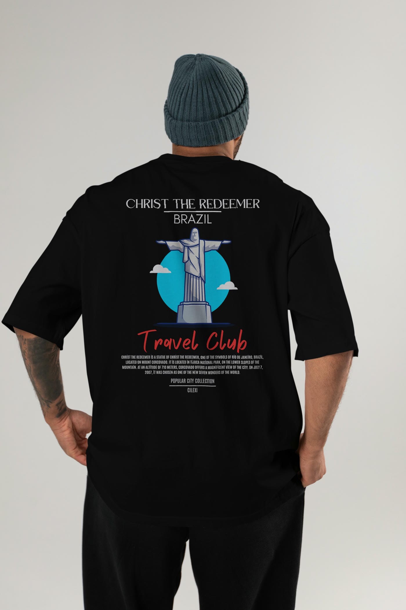 Christ The Redeemer Brazil Arka Baskılı Oversize t-shirt Erkek Kadın Pamuk Bisiklet Yaka tişort