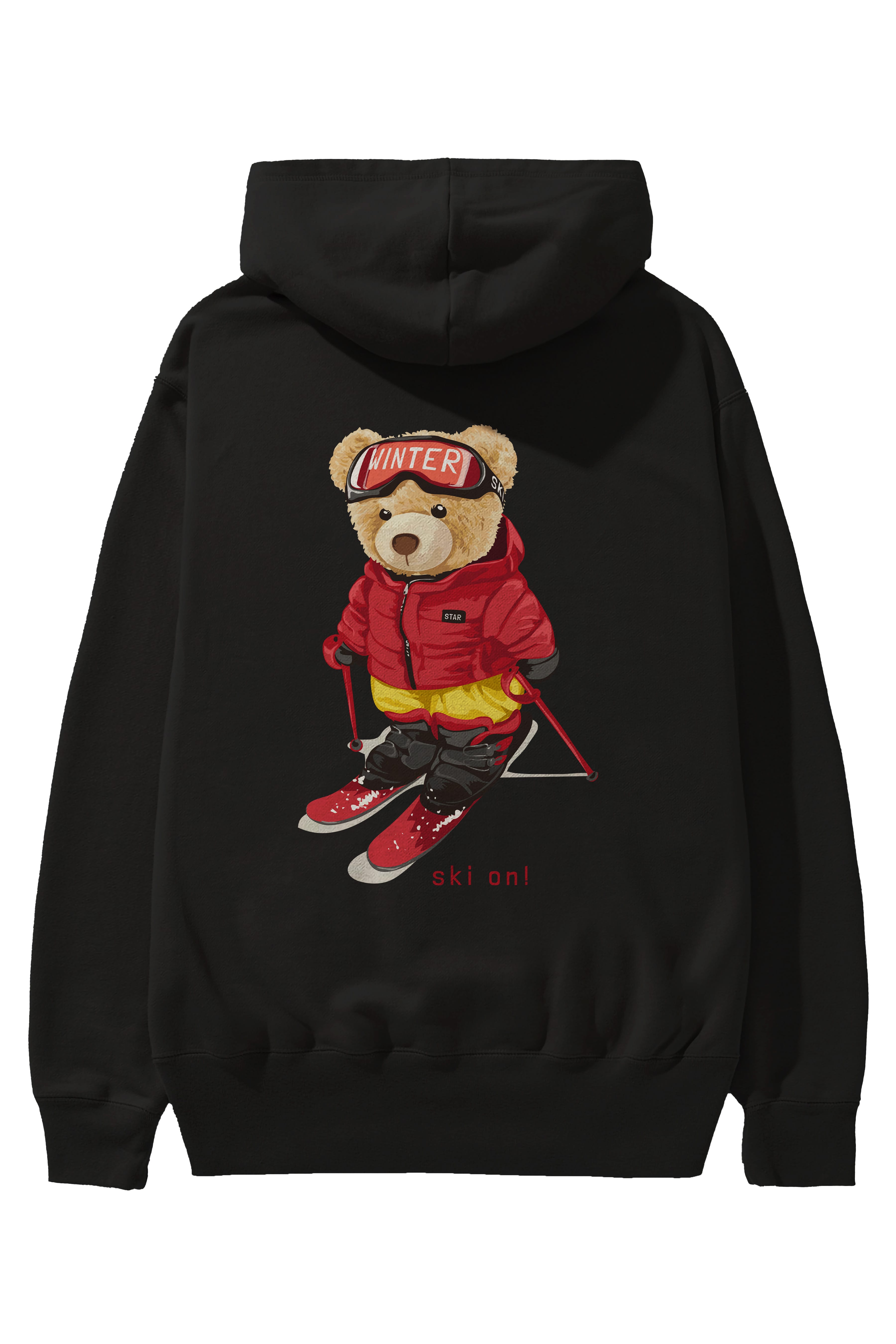 Teddy Bear Ski On Arka Baskılı Hoodie Oversize Kapüşonlu Sweatshirt Erkek Kadın Unisex
