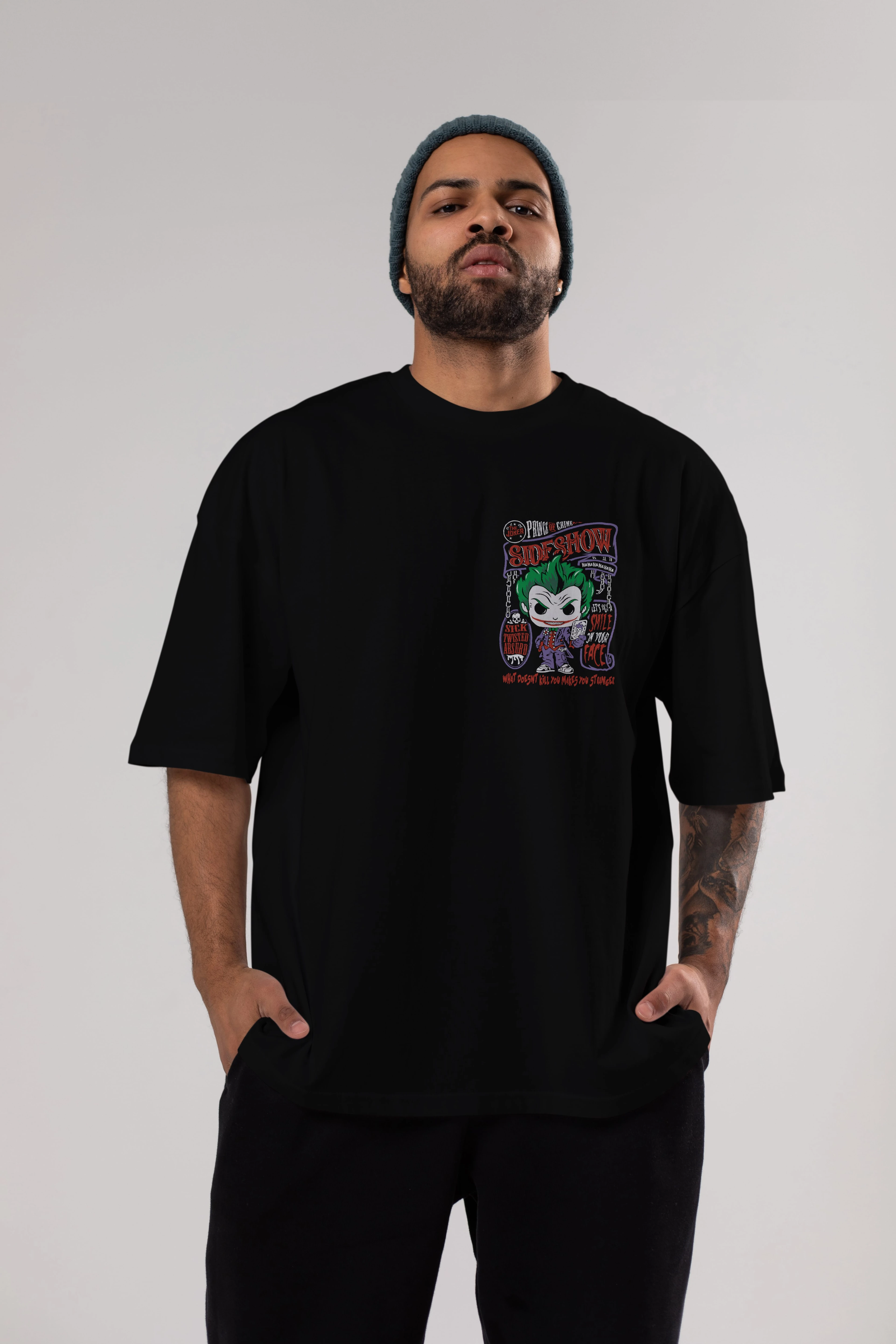 Joker (4) Ön Sol Baskılı Oversize t-shirt Erkek Kadın Unisex %100 Pamuk Bisiklet Yaka tişort
