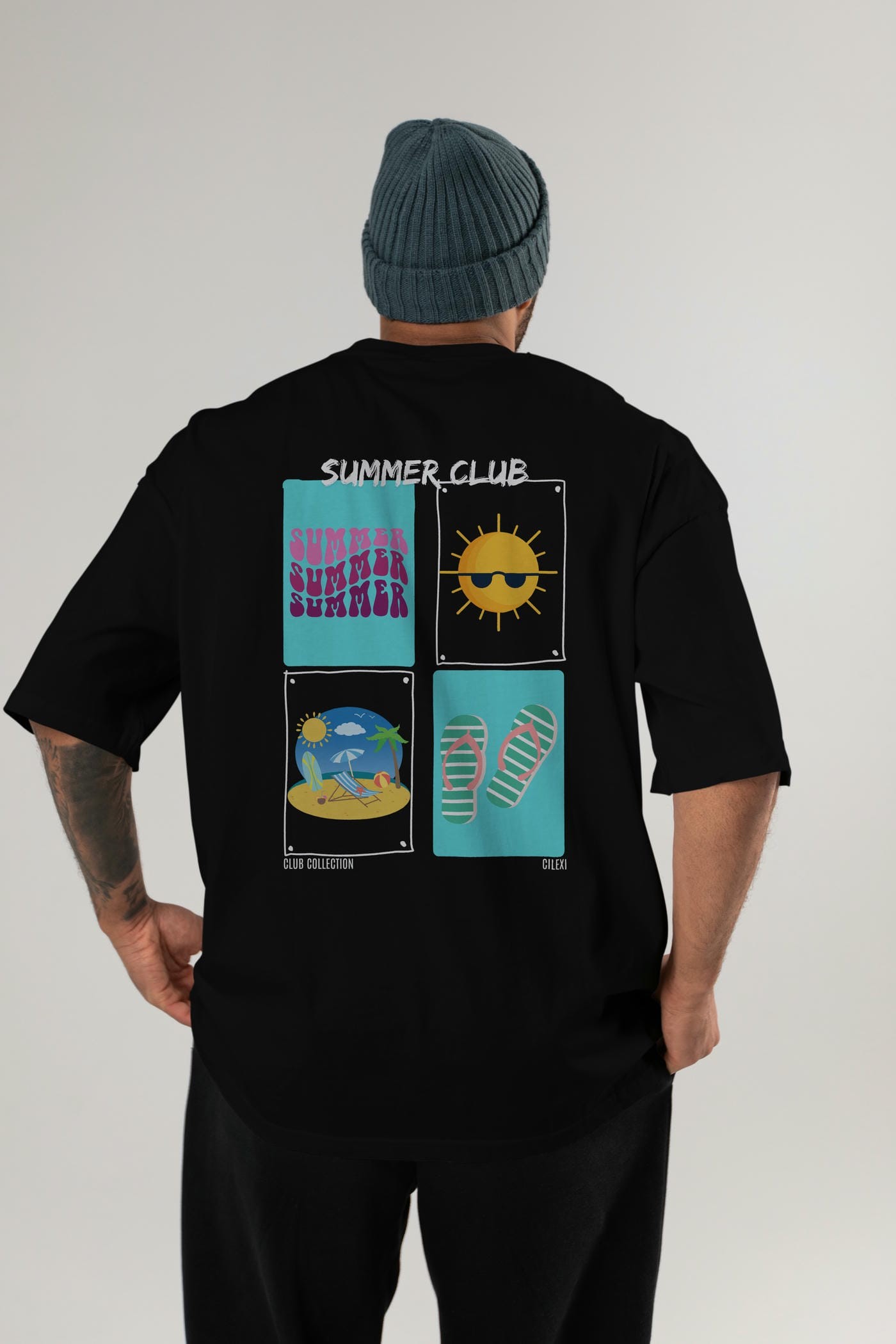 Summer Club Arka Baskılı Oversize t-shirt Erkek Kadın %100 Pamuk Bisiklet Yaka tişort