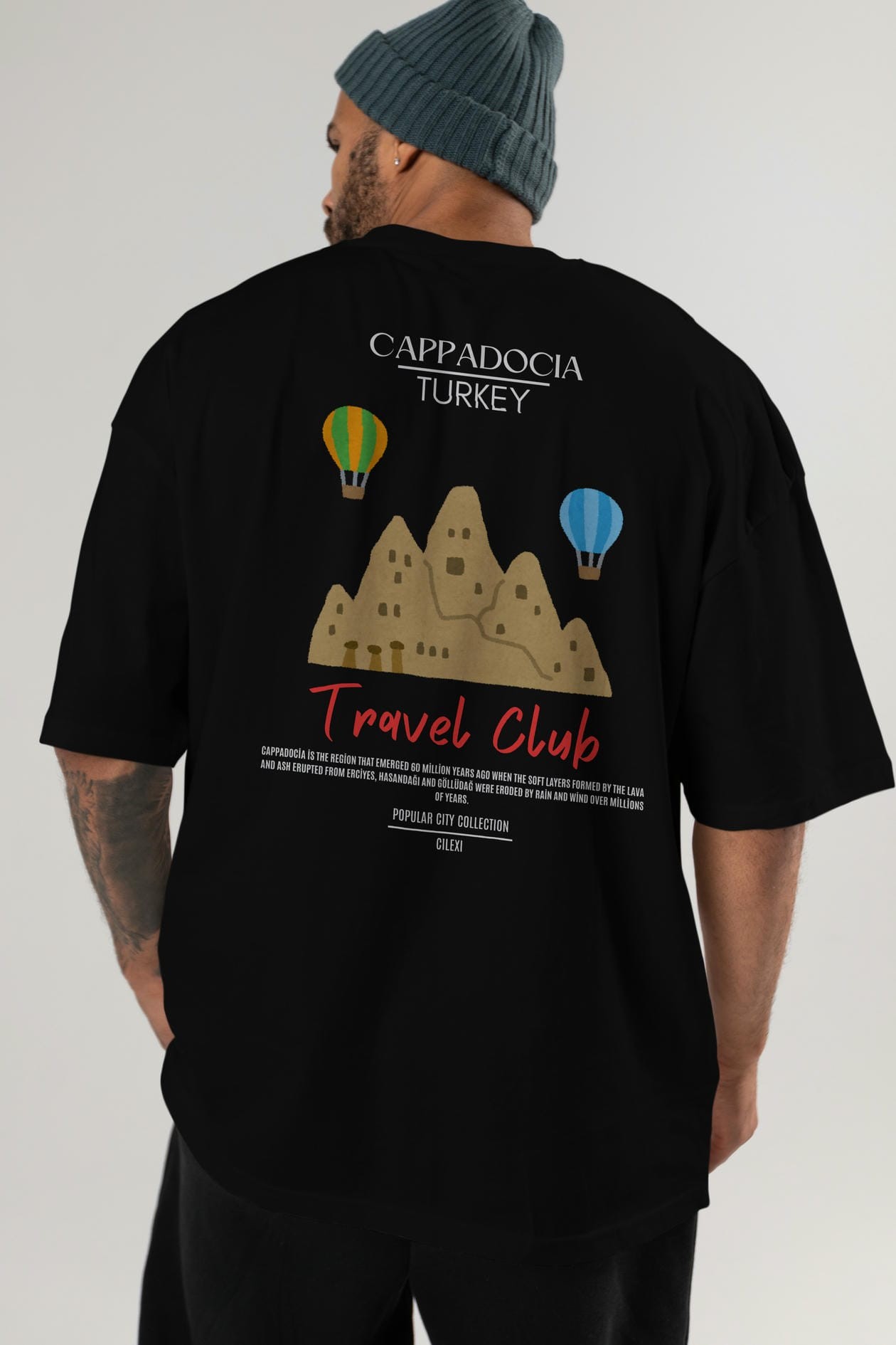Cappadocia Turkey Arka Baskılı Oversize t-shirt Erkek Kadın Pamuk Bisiklet Yaka tişort