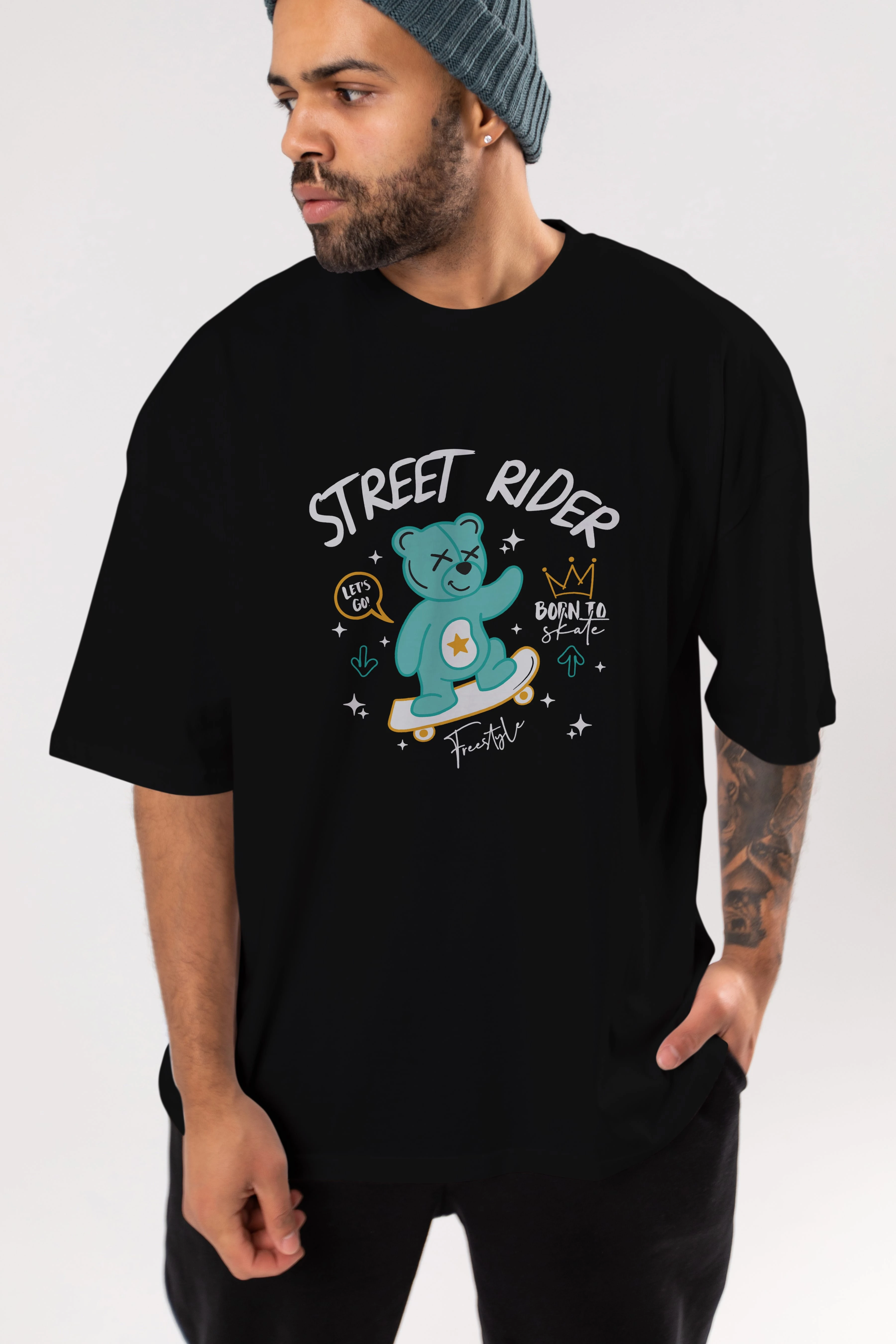 Street Rider Bear Ön Baskılı Oversize t-shirt Erkek Kadın Unisex