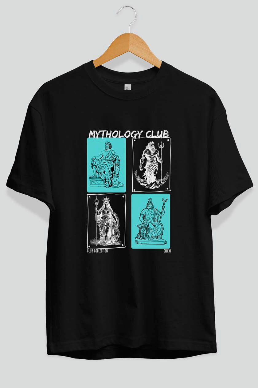Mythology Club ön Baskılı Oversize t-shirt Erkek Kadın %100 Pamuk Bisiklet Yaka tişort