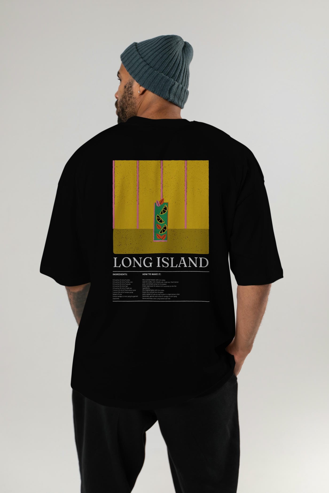 Long Island Kokteyl Serisi Arka Baskılı Oversize t-shirt Erkek Kadın %100 Pamuk Bisiklet Yaka tişort