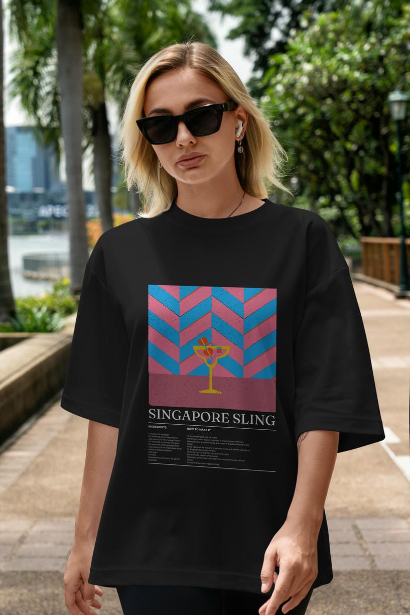 Sıngapore Sling Kokteyl Ön Baskılı Oversize t-shirt Erkek Kadın %100 Pamuk Bisiklet Yaka tişort