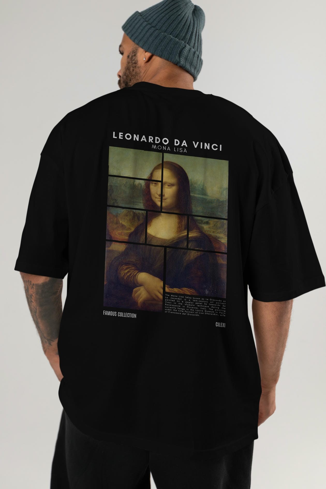 Leonardo Da Vinci Mona Lisa Arka Baskılı Oversize t-shirt Erkek Kadın Bisiklet Yaka Pamuk tişort