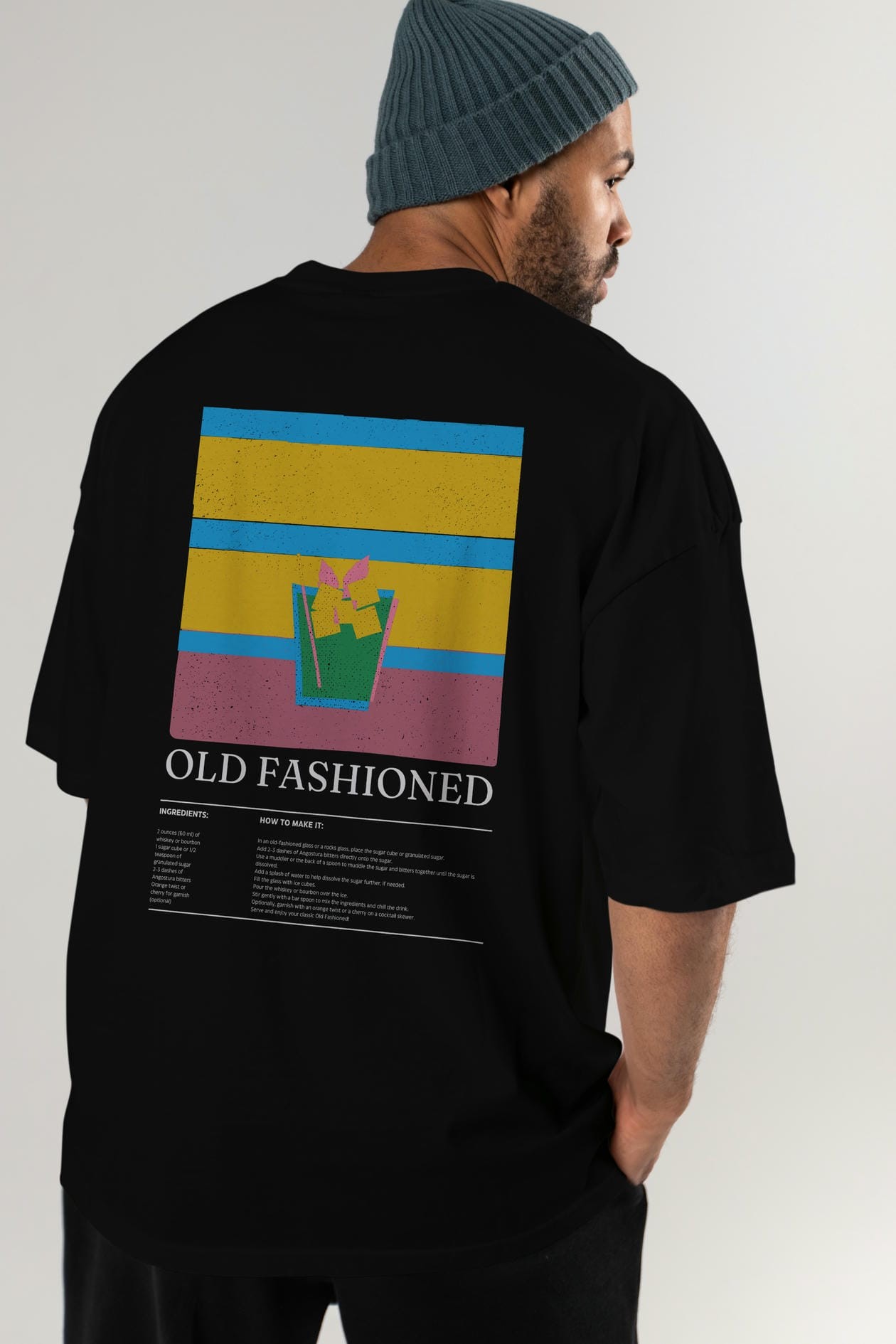 Old Fashioned Kokteyl Serisi Arka Baskılı Oversize t-shirt Erkek Kadın %100 Pamuk Bisiklet Yaka tişort